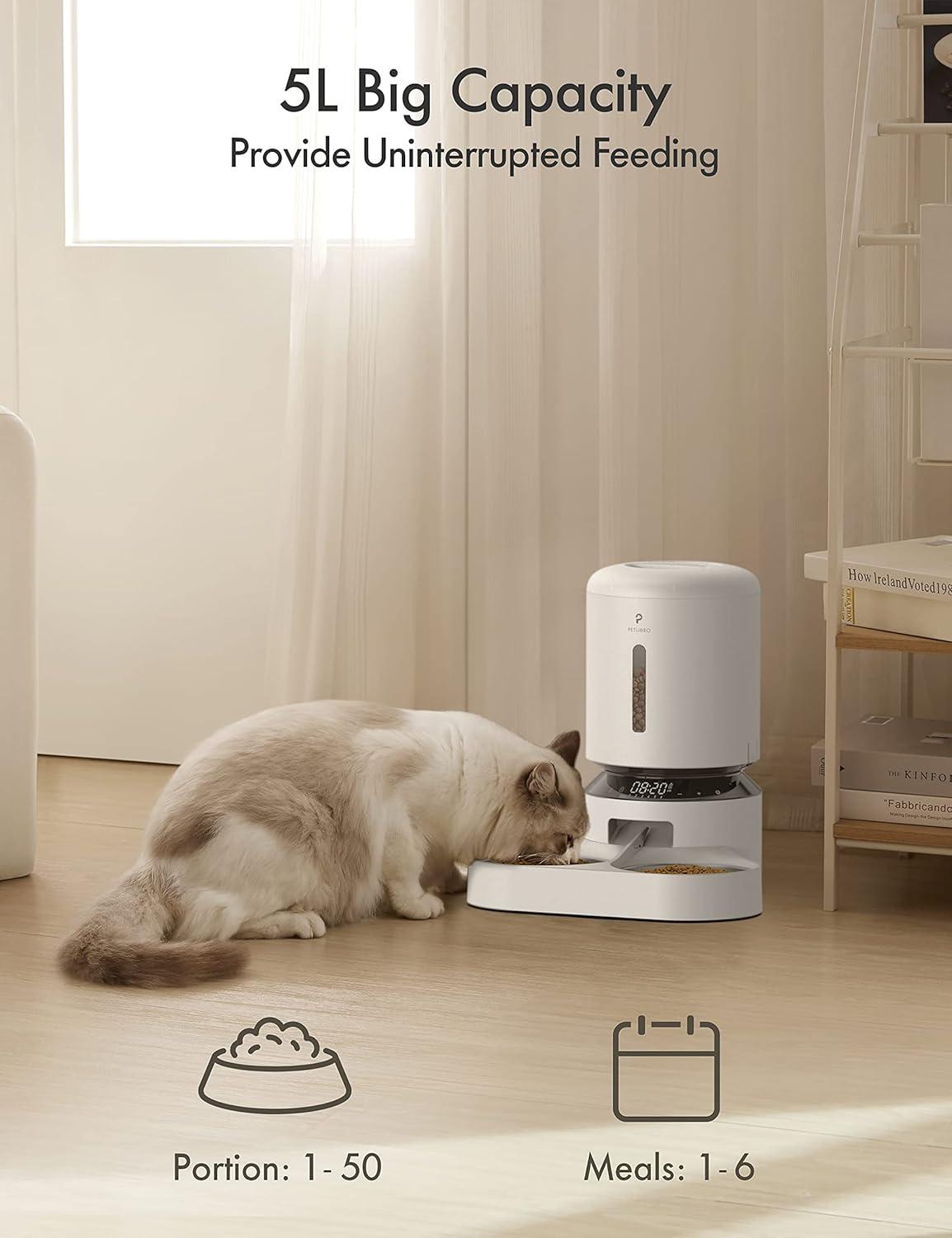 White Automatic Dual Tray Pet Feeder with Stainless Steel Bowls