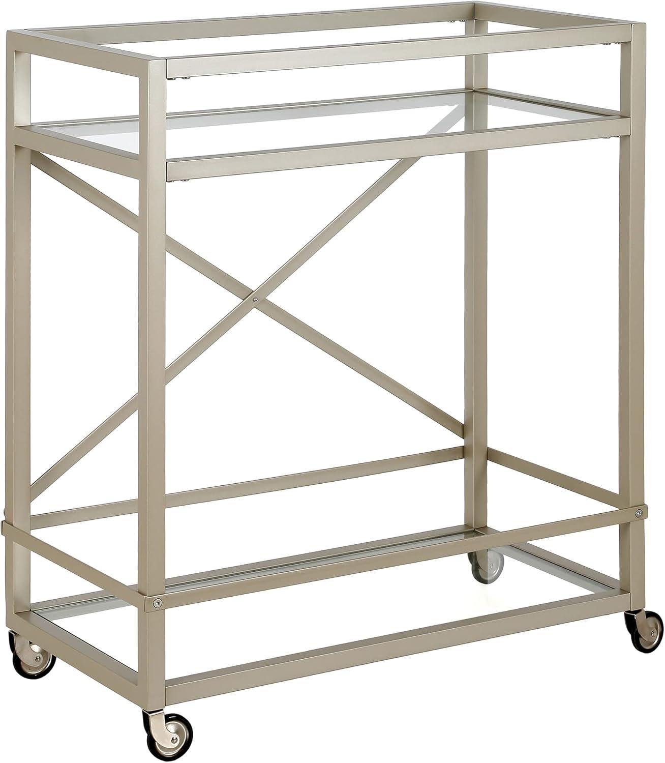 Contemporary Silver 2-Tier Bar Cart with Glass Shelves and Metal Frame