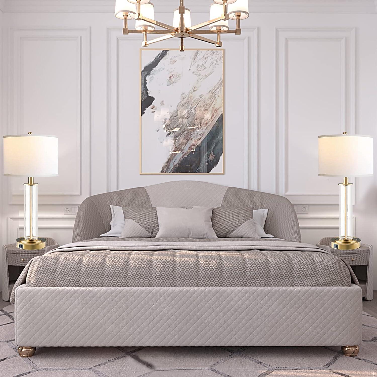Table Lamps for Living Room,Touch Control Gold Lamps for Bedrooms Set of 2,Modern Bedside Table Lamp with Dual USB Ports,Tall Nightstand lamp with Whites Lampshades (2 Bulbs Included)