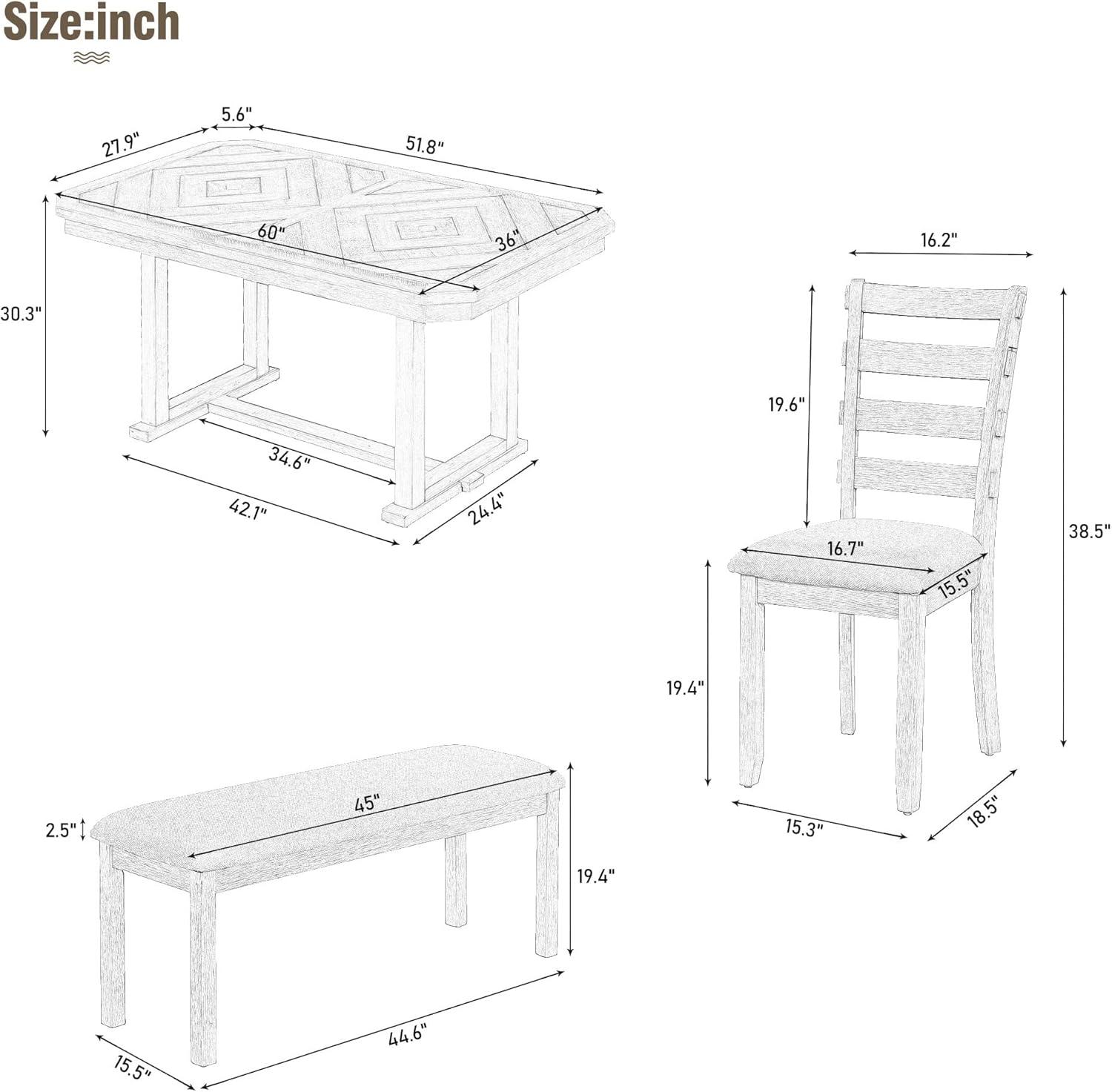 Dining Table Set for 6, 6 Piece Wood Kitchen Table Set, Dining Table and Chairs Set, Home Furniture Table Set with Chairs & Bench, Natural Wood Wash