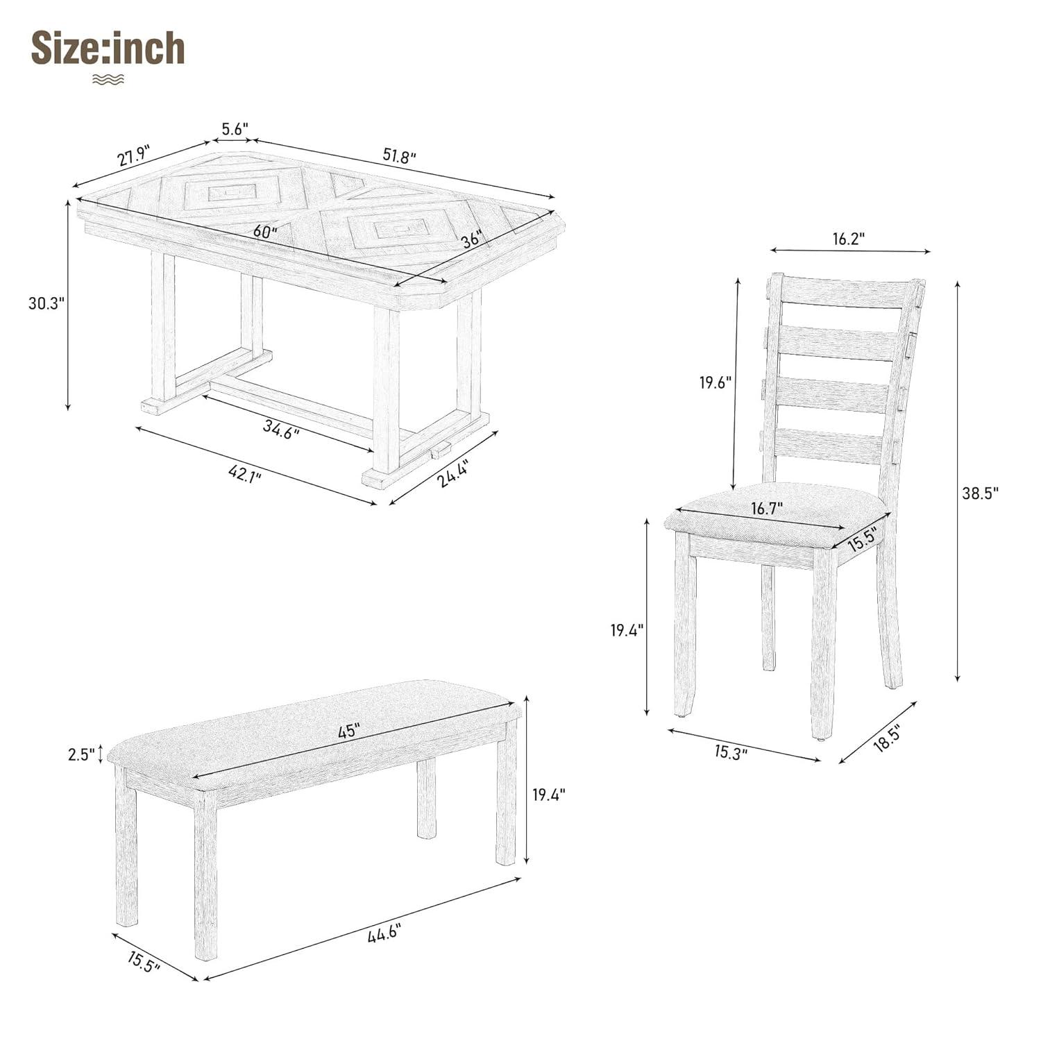 Dining Table Set for 6, 6 Piece Wood Kitchen Table Set, Dining Table and Chairs Set, Home Furniture Table Set with Chairs & Bench, Natural Wood Wash