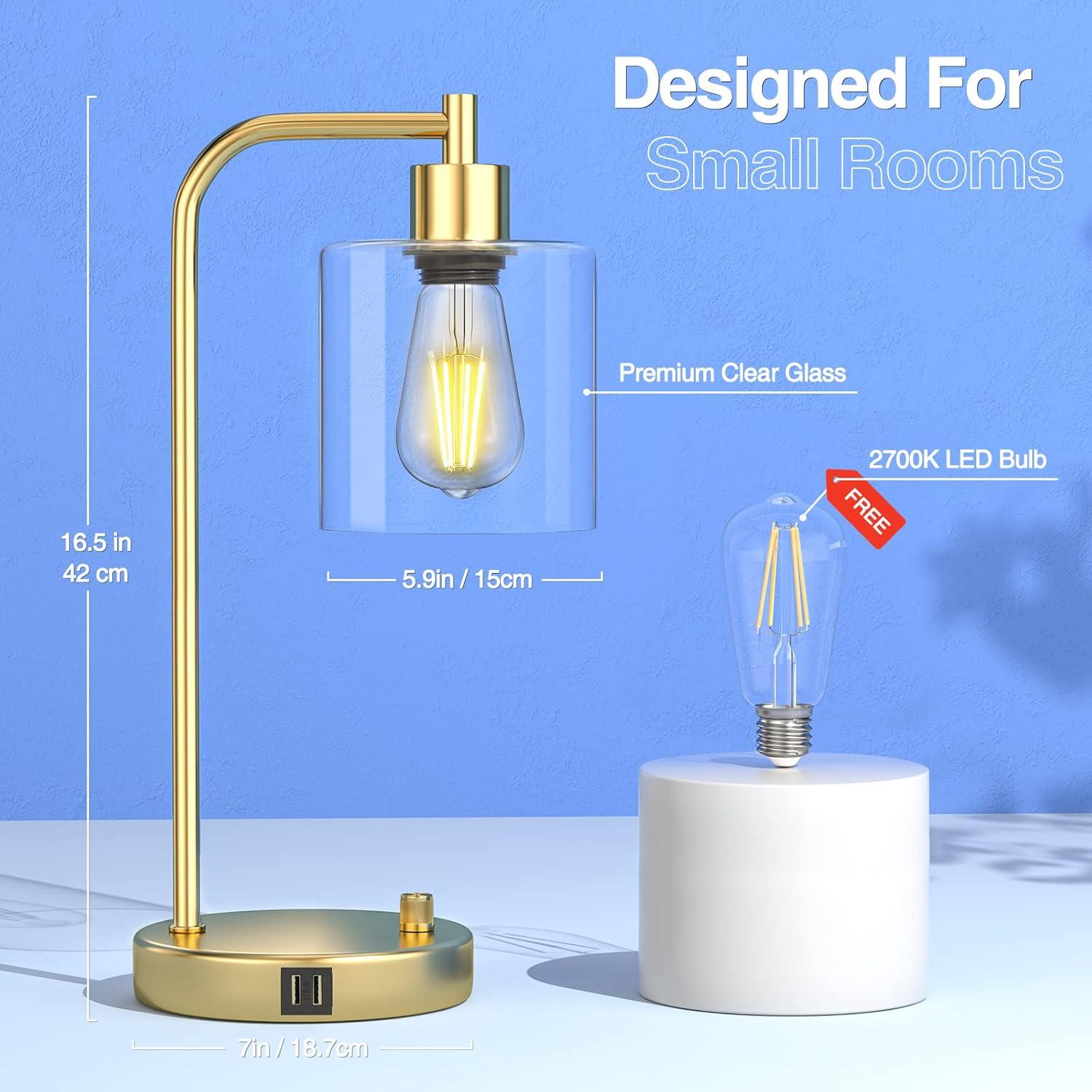 【Upgraded】Set of 2 Industrial Table Lamps with 2 USB Port, Fully Stepless Dimmable Bedside Lamps for Bedroom, Nightstand Desk Lamps with Glass Shade for Bedroom Living Room Office 2 LED Bulb Included