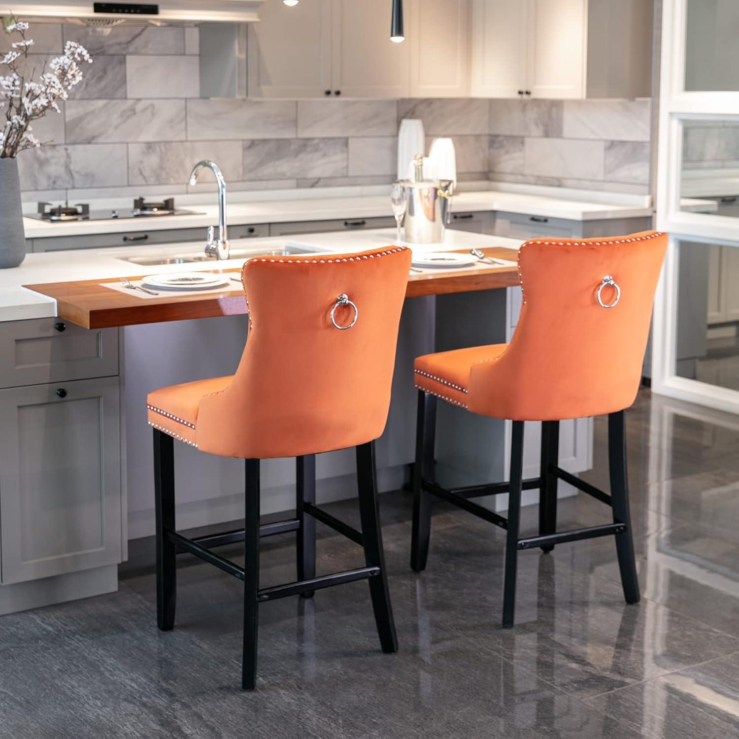 Aoowow Velvet Upholstered Counter Height Bar Stools Set of 2, Counterstool Seat Height 27.2", Wingback Armless Bar Chairs Button Tufted with Solid Wood Legs for Kitchen Island Bar Area (Orange)