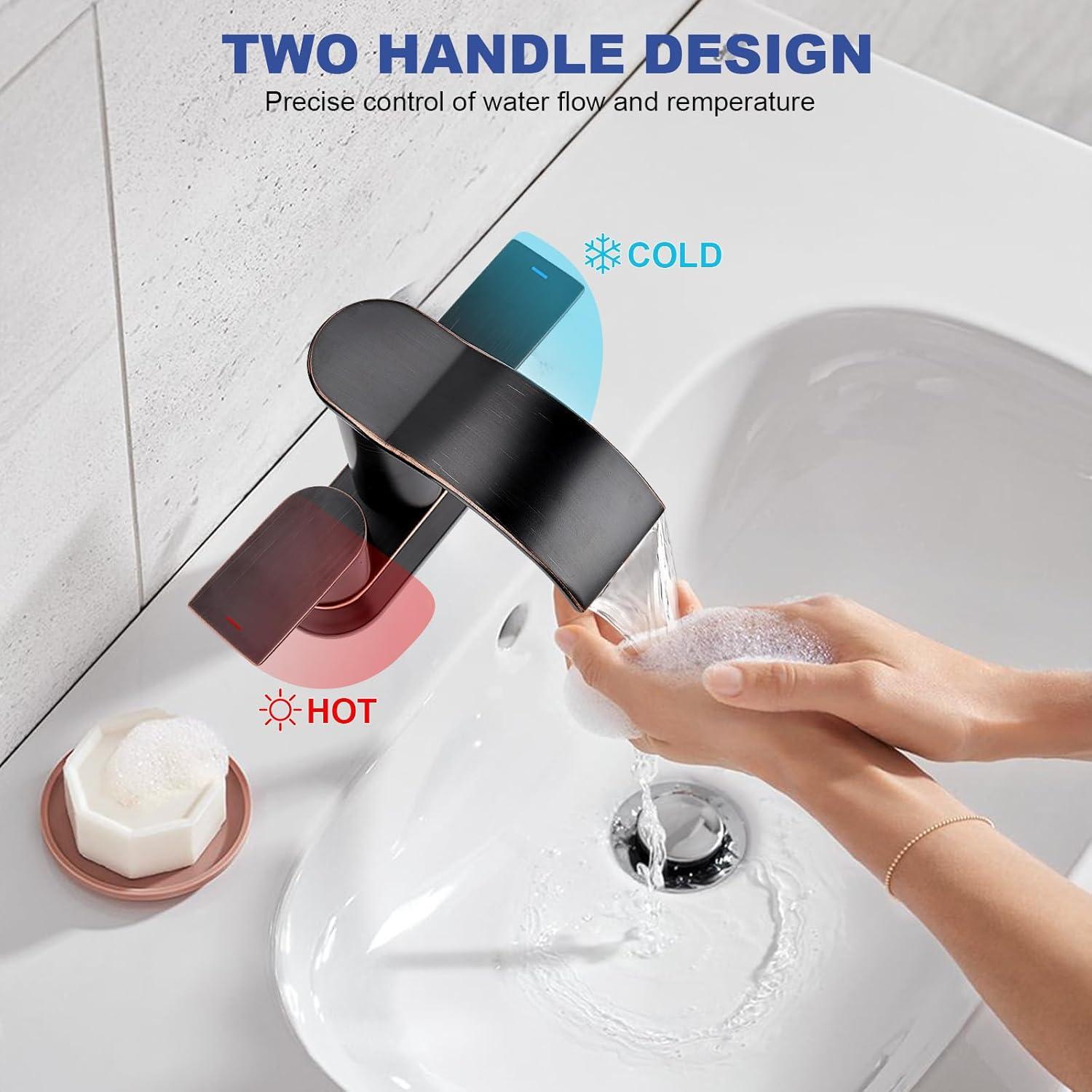 4-inch Centerset Double Handle Waterfall Bathroom Sink Faucet with Pop-up Drain Kit