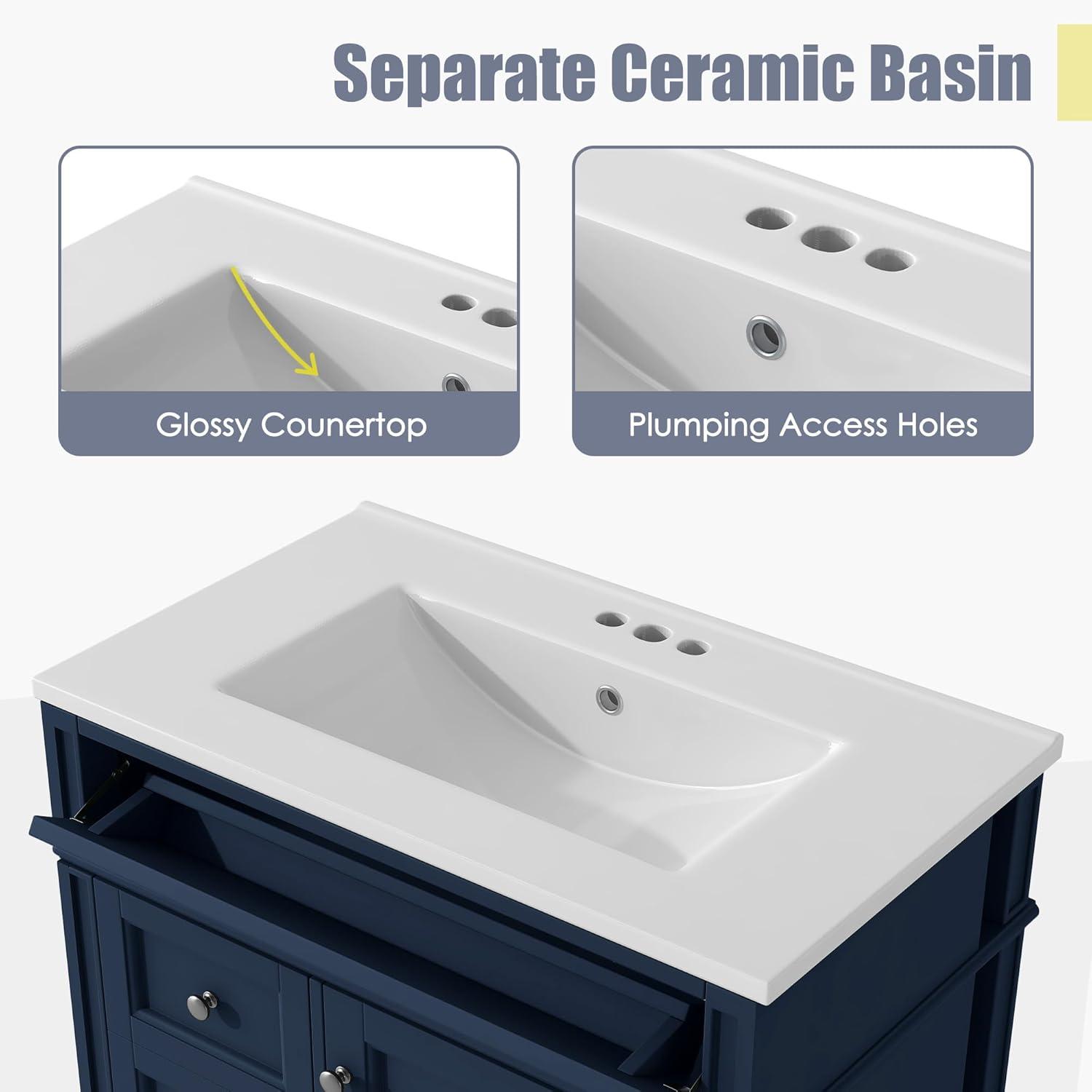 Bathroom Vanity with Sink, Solid Wood MDF, Modern Storage Cabinet with Tip-out Drawer, Amber Storage System, Soft Close Drawers, Blue