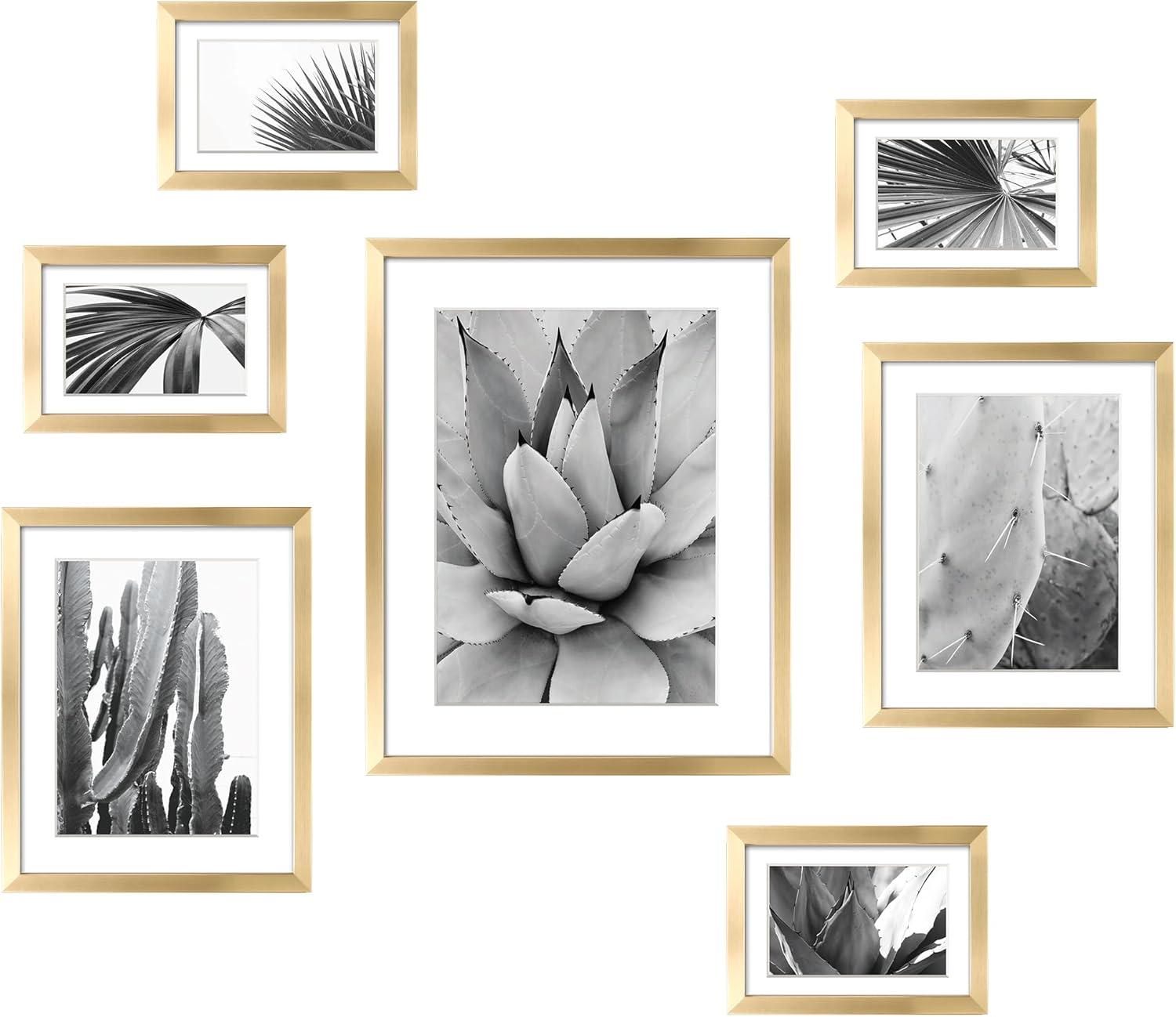 ArtbyHannah 7 Pack Gold Gallery Wall Picture Frames Sets with Decorative Botanical Art Prints for Photo Frame Collages for Home Decoration, Multiple Sizes 11x14x1, 8x10x2, 5x7x4