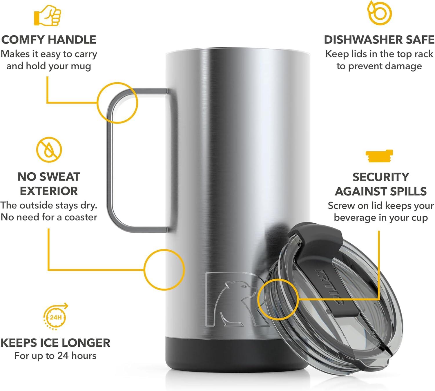 RTIC 16 oz Coffee Travel Mug with Lid and Handle, Stainless Steel Vacuum-Insulated Mugs, Leak, Spill Proof, Hot Beverage and Cold, Portable Thermal Tumbler Cup for Car, Camping