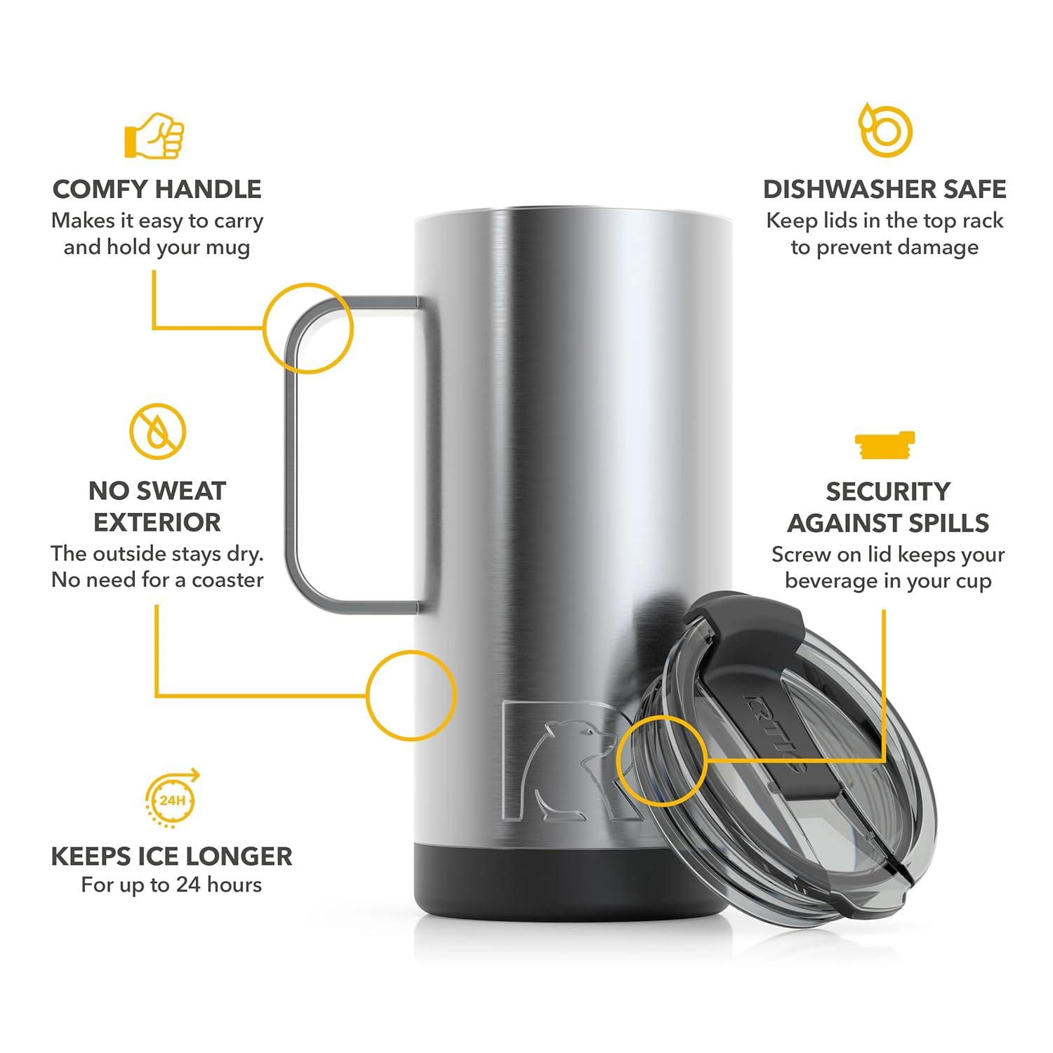 RTIC 16 oz Coffee Travel Mug with Lid and Handle, Stainless Steel Vacuum-Insulated Mugs, Leak, Spill Proof, Hot Beverage and Cold, Portable Thermal Tumbler Cup for Car, Camping