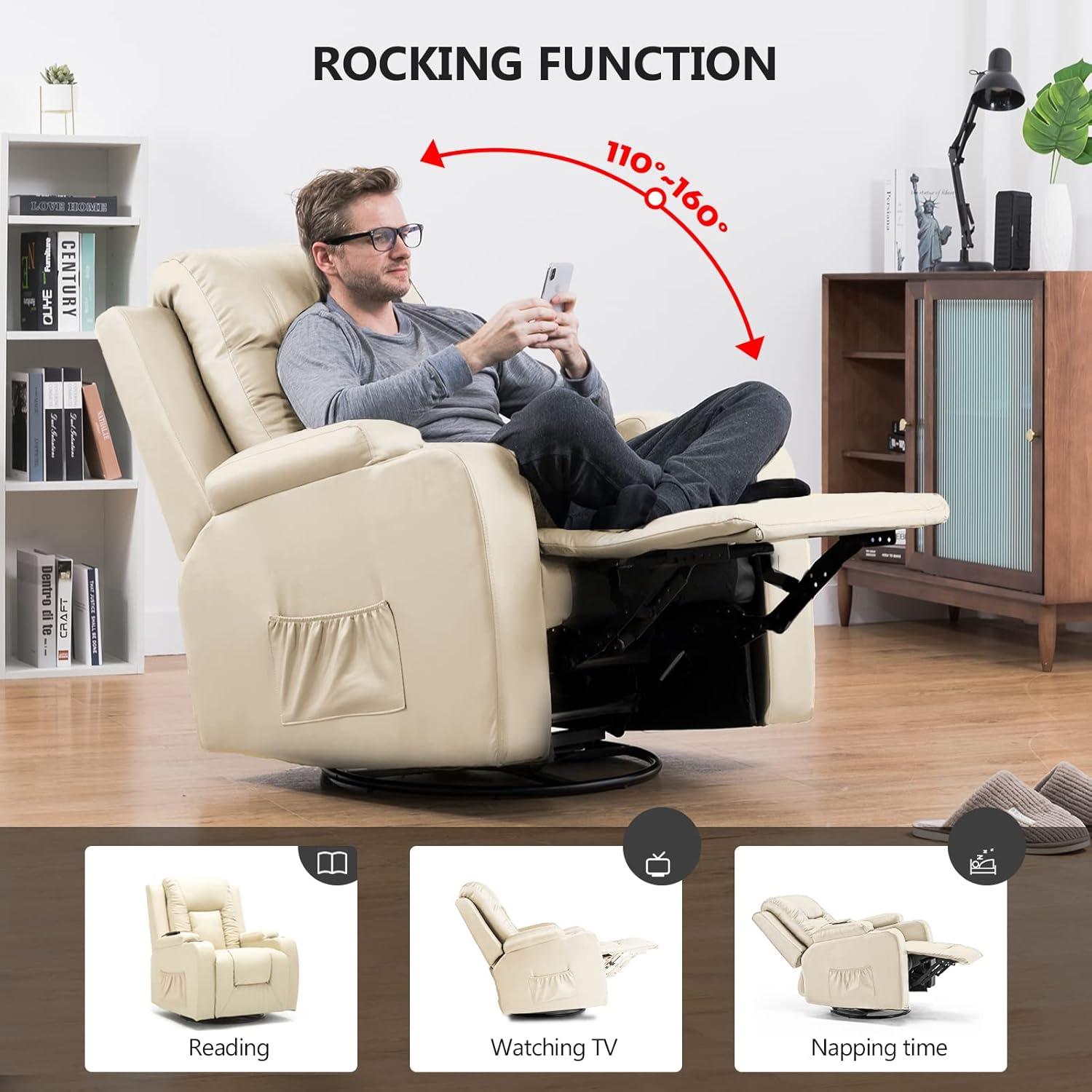 COMHOMA Recliner Chair, PU Rocking Chair for Adults, Swivel Recliner with Cup Holders, Heat and Massage, Single Sofa Seat with Side Pockets for Living Room, Bedroom (White)