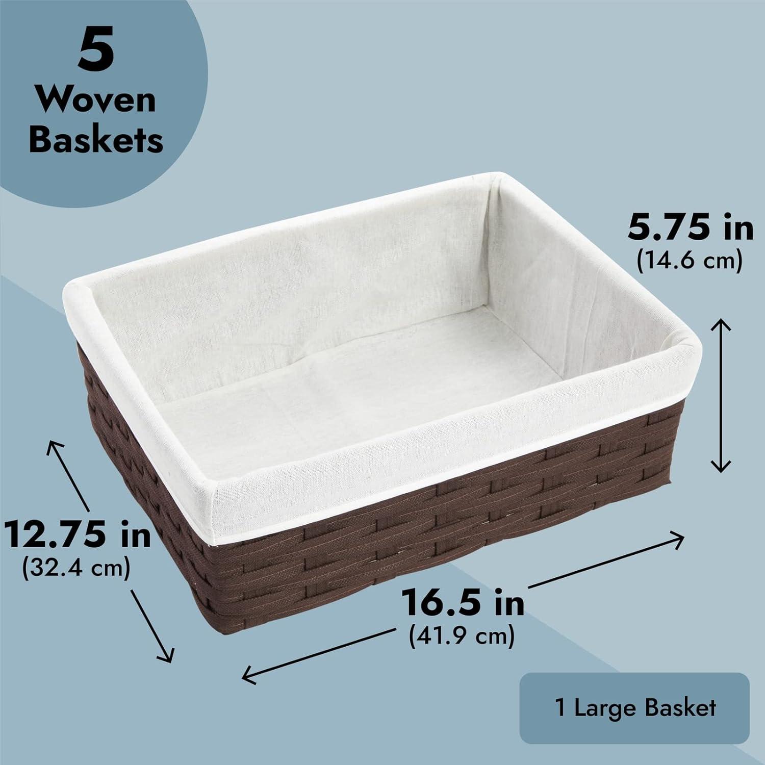 5 Pack Wicker Nesting Baskets with Cloth Lining for Pantry Shelves, Rectangular Storage Bins for Organizing Closet (Brown, 3 Sizes)
