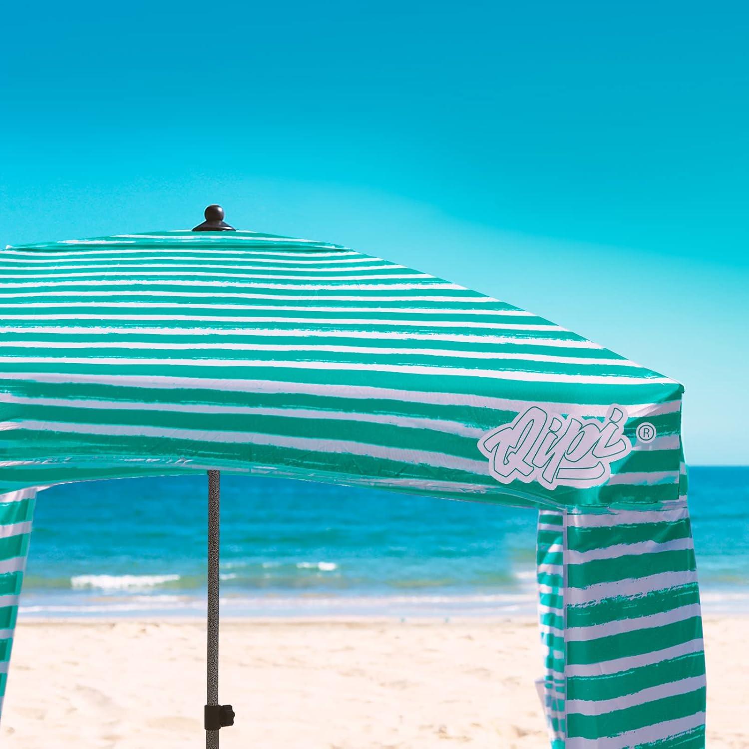 Portable Green and White Striped Beach Cabana with Metal Frame