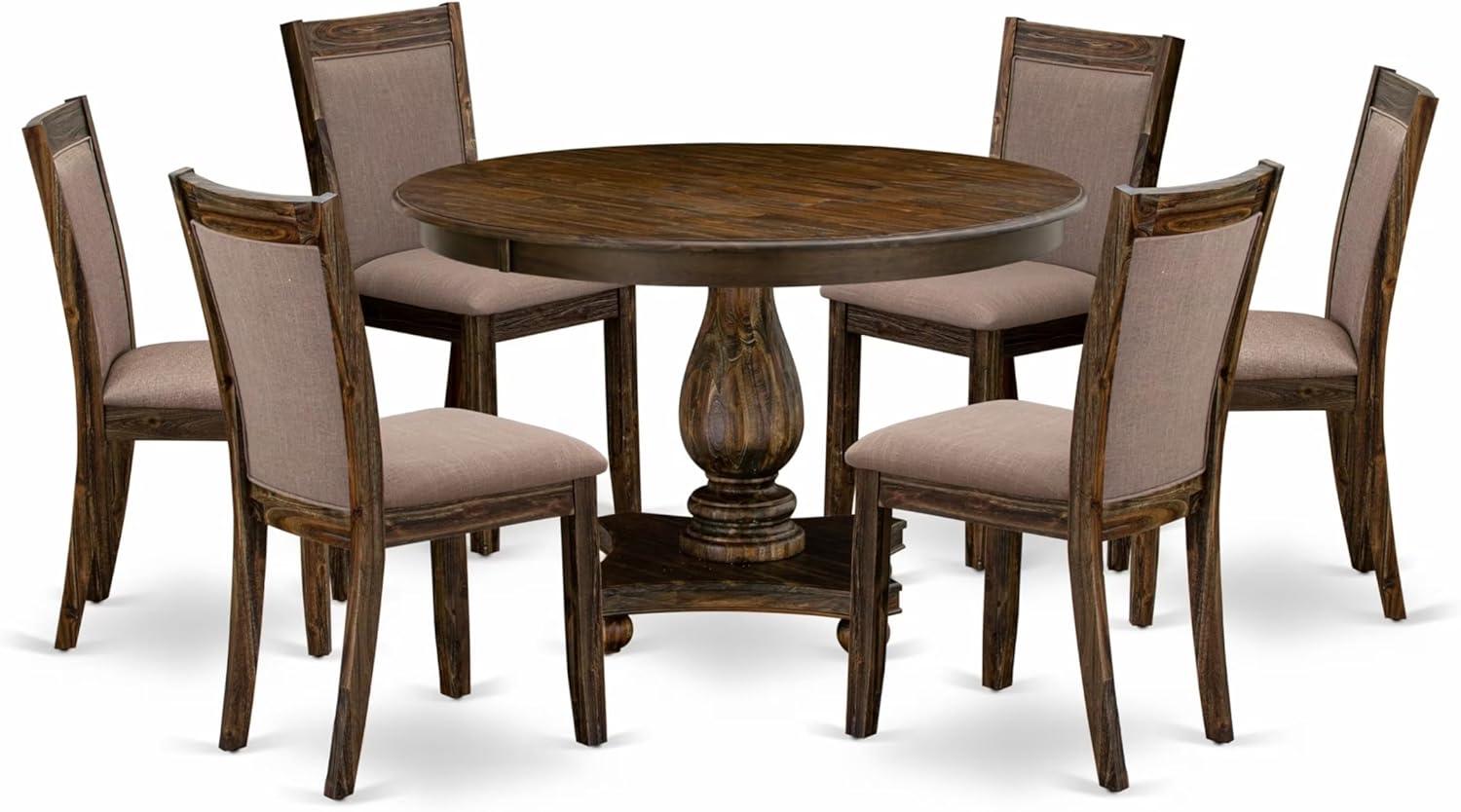 Jacobean Round Pedestal Dining Set with Coffee Linen Chairs, 48"