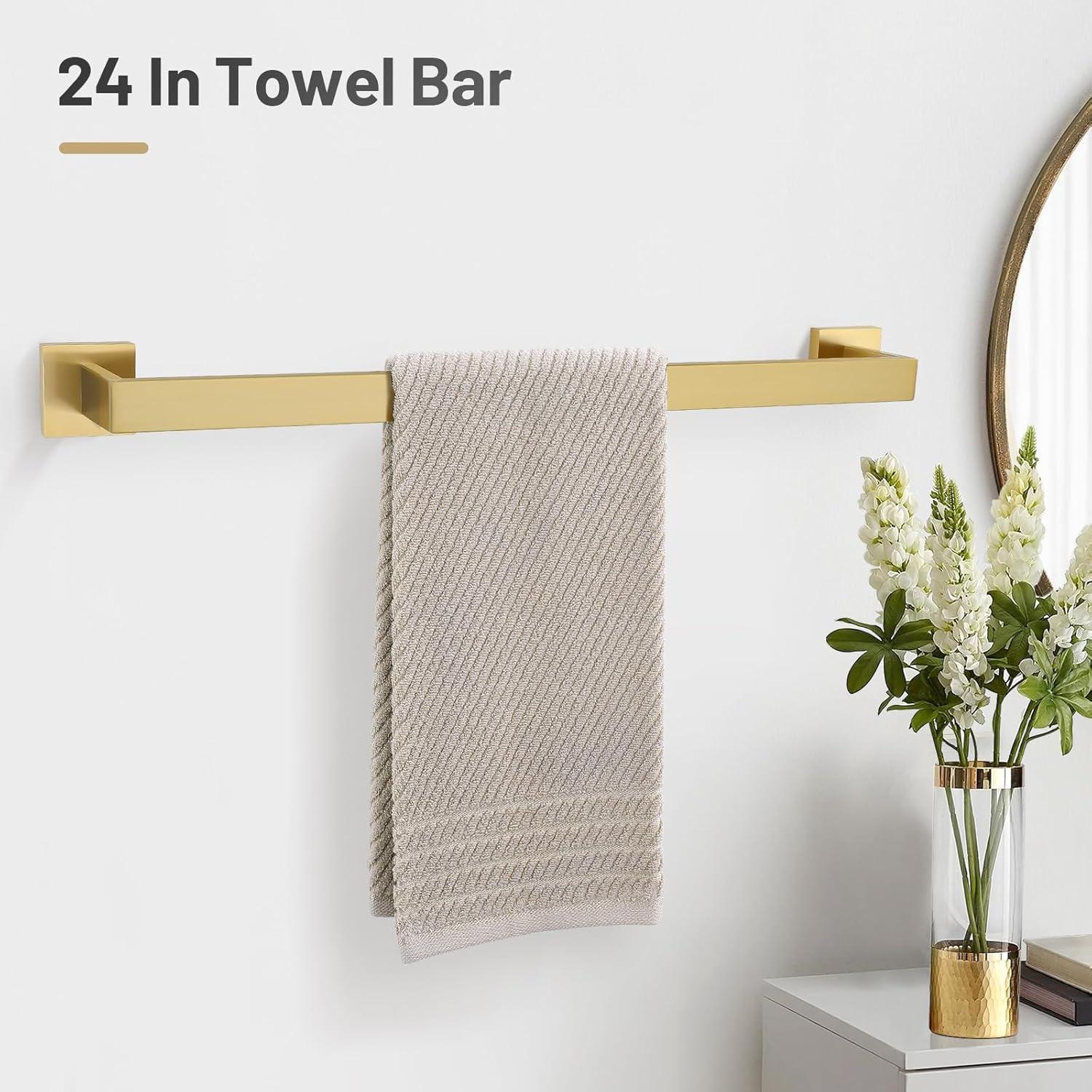 YACVCL 5 Pieces Brushed Gold Towel Bar Set Bathroom Hardware Set Towel Holder Set for Bathroom, 23.8 Inch Bathroom Accessories Set Stainless Steel Wall Mounted