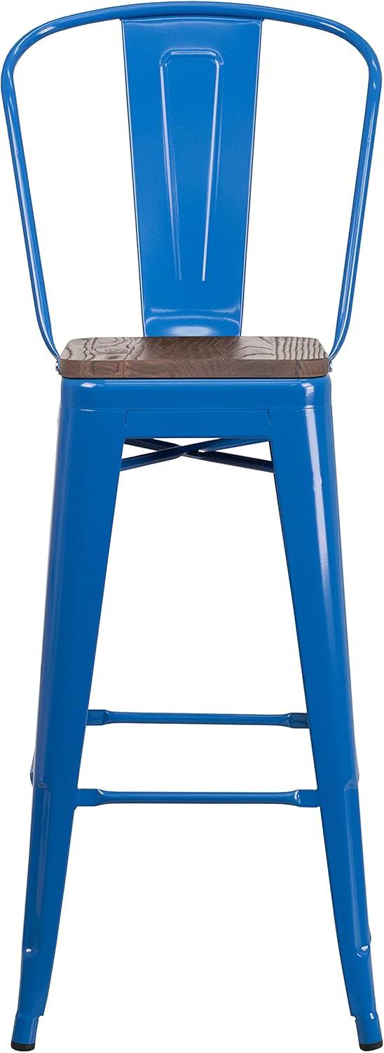 Emma and Oliver 30"H Blue Metal Barstool with Back and Wood Seat