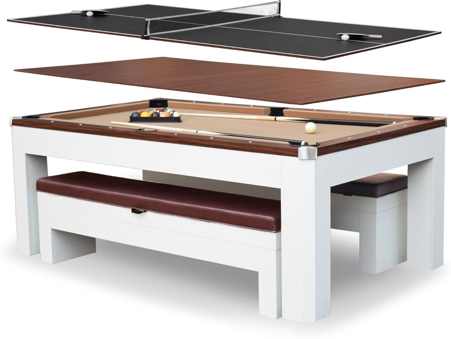 Hathaway Newport Stylish 7 Ft Multi Game Pool Table Combo with Dining Top and Ping Pong – Includes Benches for Home Storage and Accessories