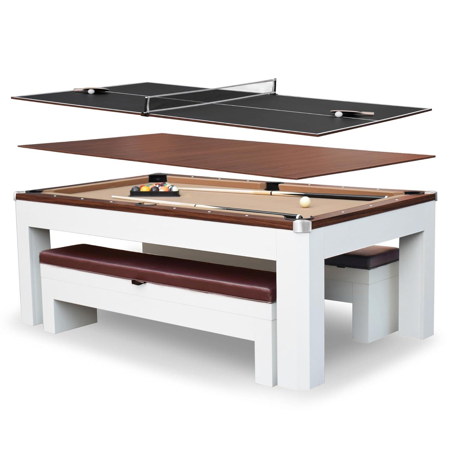 Hathaway Newport Stylish 7 Ft Multi Game Pool Table Combo with Dining Top and Ping Pong – Includes Benches for Home Storage and Accessories