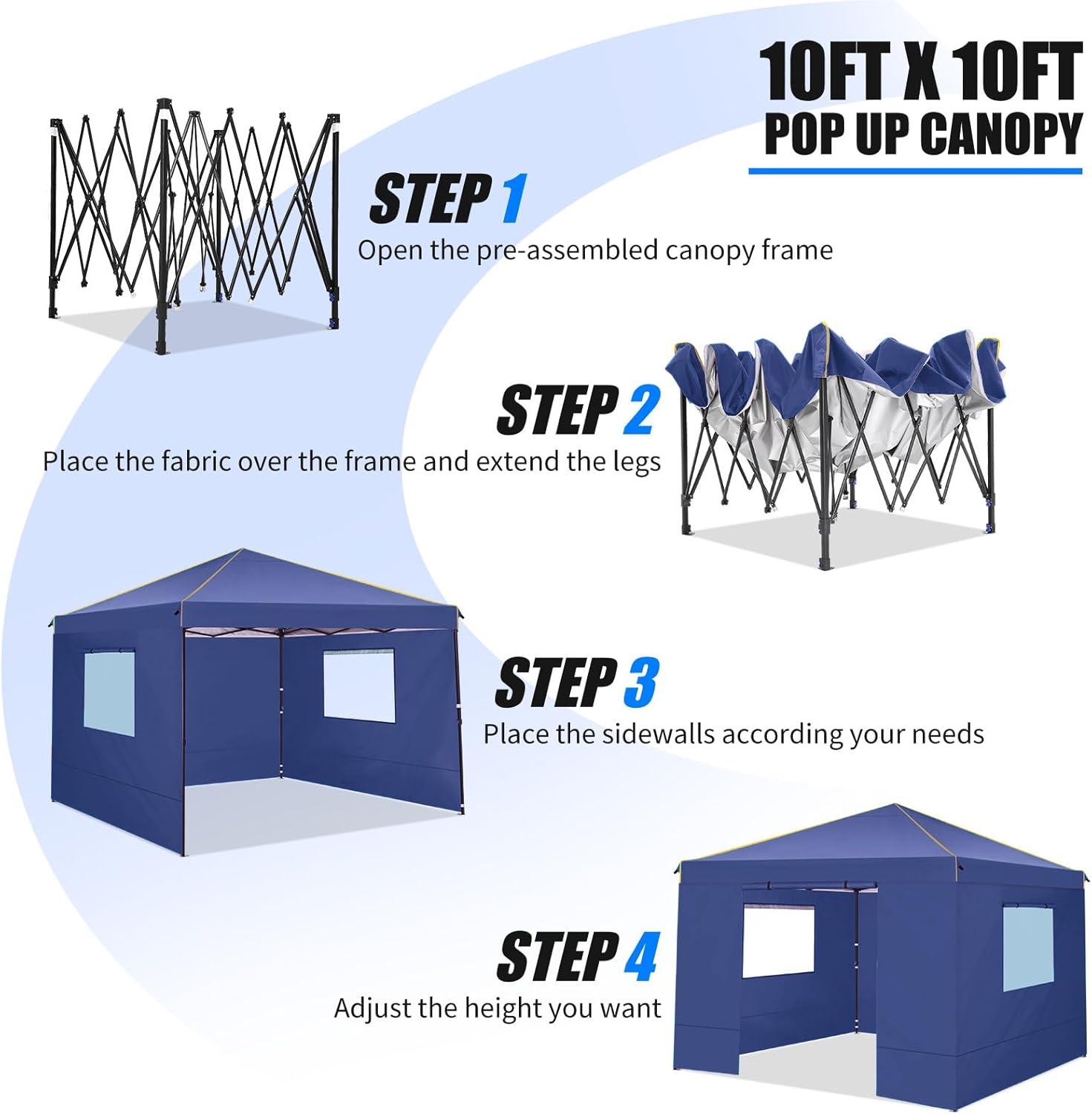 COBIZI 10x10 Pop-up Canopy Tent with 4 Sidewalls and Mesh Windows 2.0, Waterproof Commercial Instant Outdoor Canopy Tents for Party/Exhibition/Picnic with Carry Bag,4 Stakes & Ropes,Dark Blue