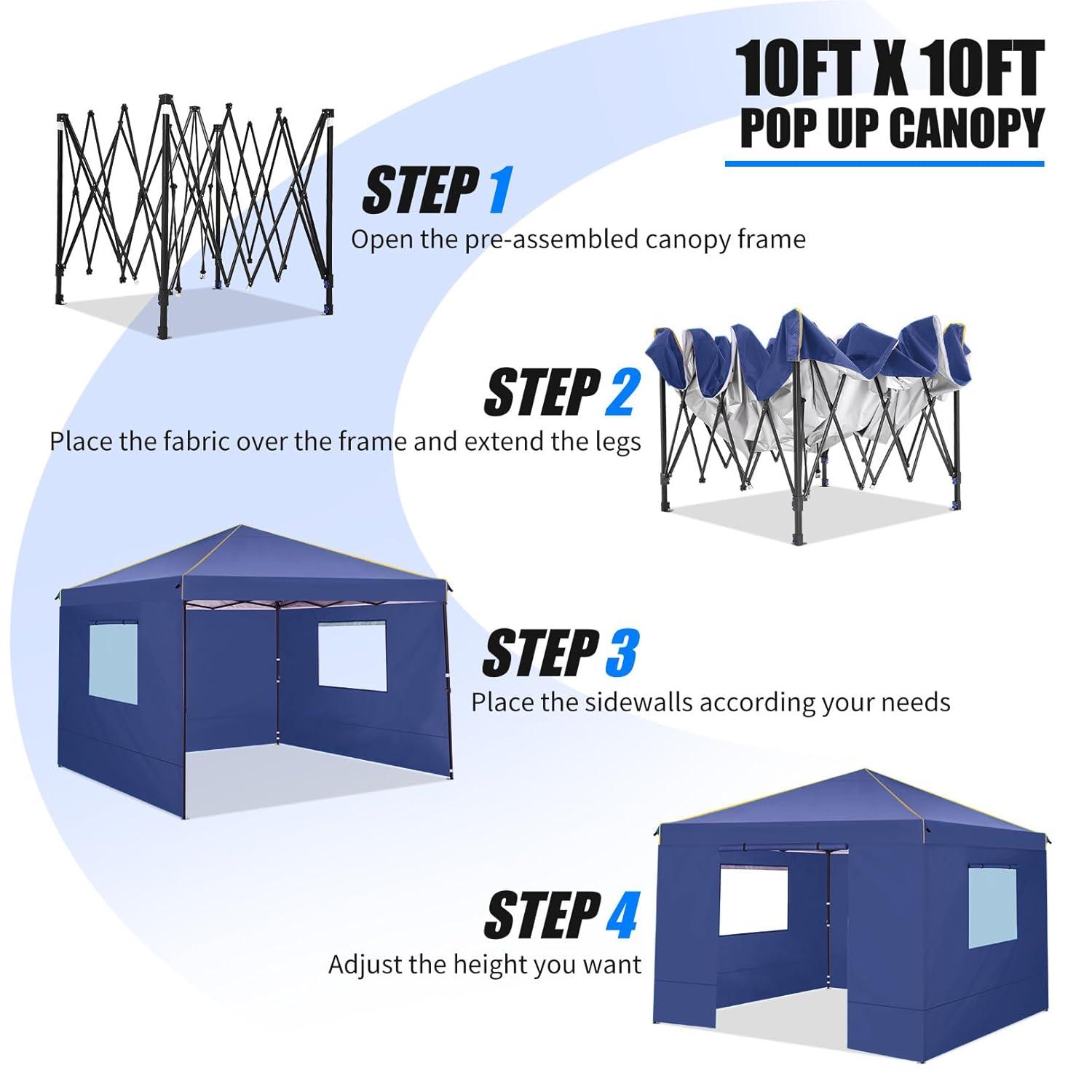 COBIZI 10x10 Pop-up Canopy Tent with 4 Sidewalls and Mesh Windows 2.0, Waterproof Commercial Instant Outdoor Canopy Tents for Party/Exhibition/Picnic with Carry Bag,4 Stakes & Ropes,Blue