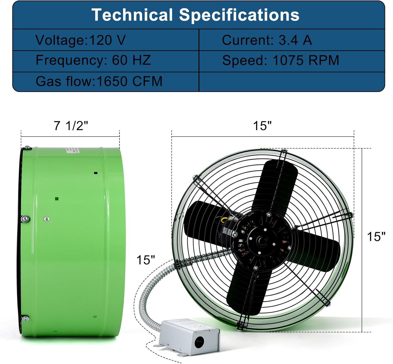 Criditpid 15" Gable Mount Vent Attic Fan, Exhaust Ventilation Fan with Adjustable Thermostat for Gable, Home, Shed, Garage, Portable Building, 3.4A, 1300CFM, 1075RPM, 1850 Sq.Ft Coverage Area.