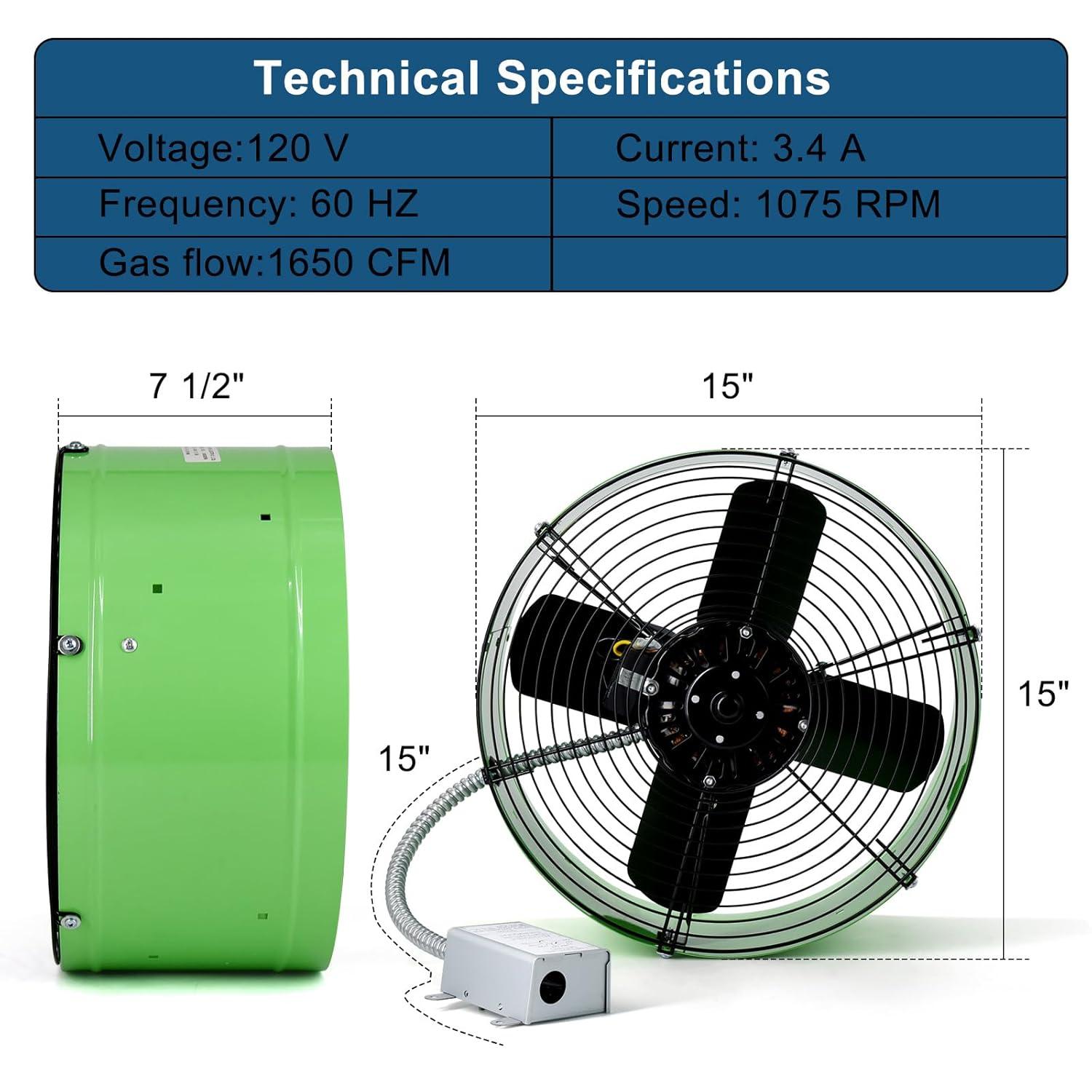 Criditpid 15" Gable Mount Vent Attic Fan, Exhaust Ventilation Fan with Adjustable Thermostat for Gable, Home, Shed, Garage, Portable Building, 3.4A, 1300CFM, 1075RPM, 1850 Sq.Ft Coverage Area.