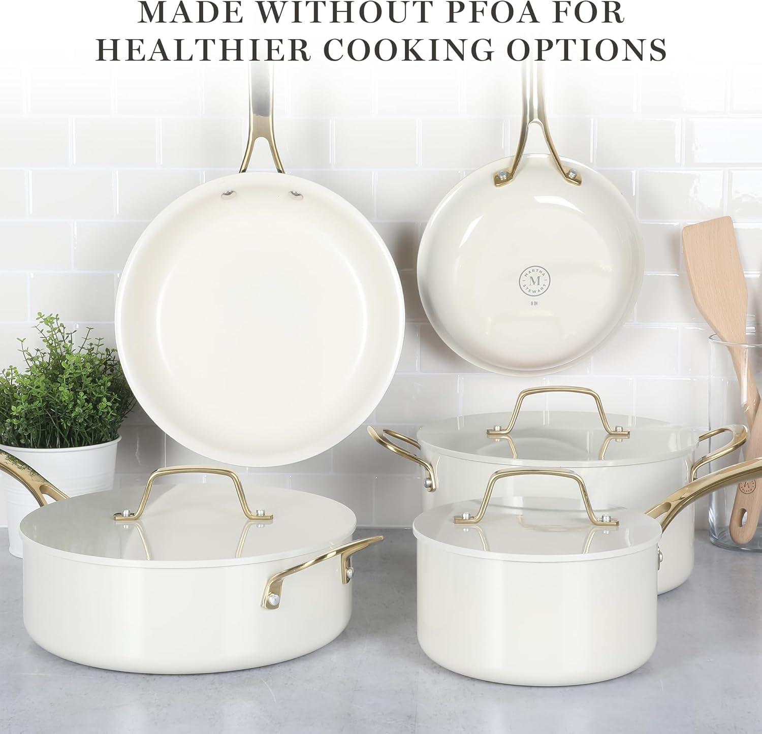 Linen White and Gold Nonstick Aluminum 10-Piece Cookware Set