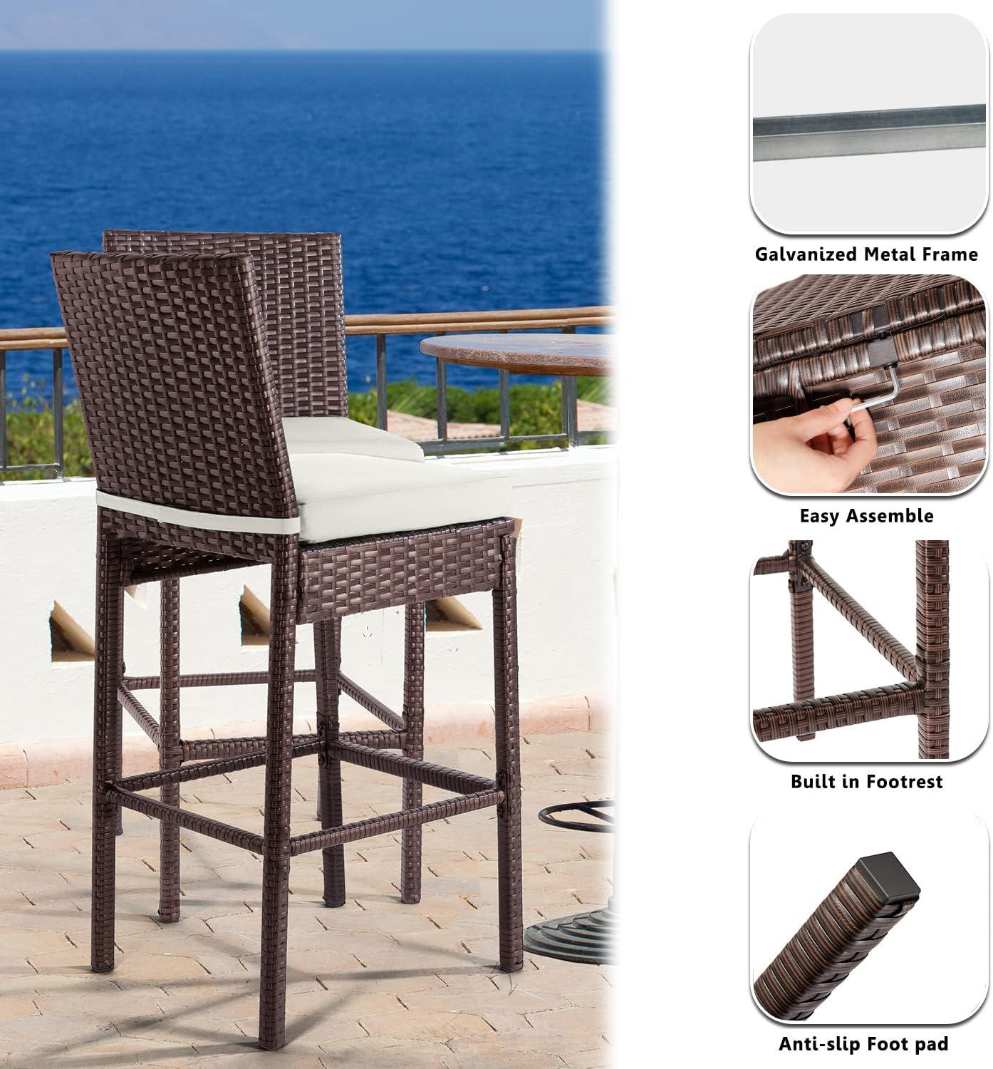 Outdoor Bar Stools Set of 4 Wicker Woven Patio Stools & Patio Bar Chairs Counter Bar Height Stools with Footrest Armless Cushion Cream All Weather Rattan Garden Stool for Pool Lawn Porch Backyard