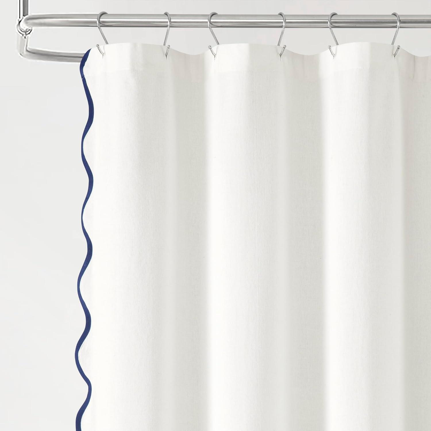 Boho Chic Aesthetic Scallop Edge Shower Curtain, Decorative Coastal Bathroom Curtain for Home Decor, 72 x 72 White and Navy Elegant Minimalist Textured Cloth Bath Curtain (LQ-36)