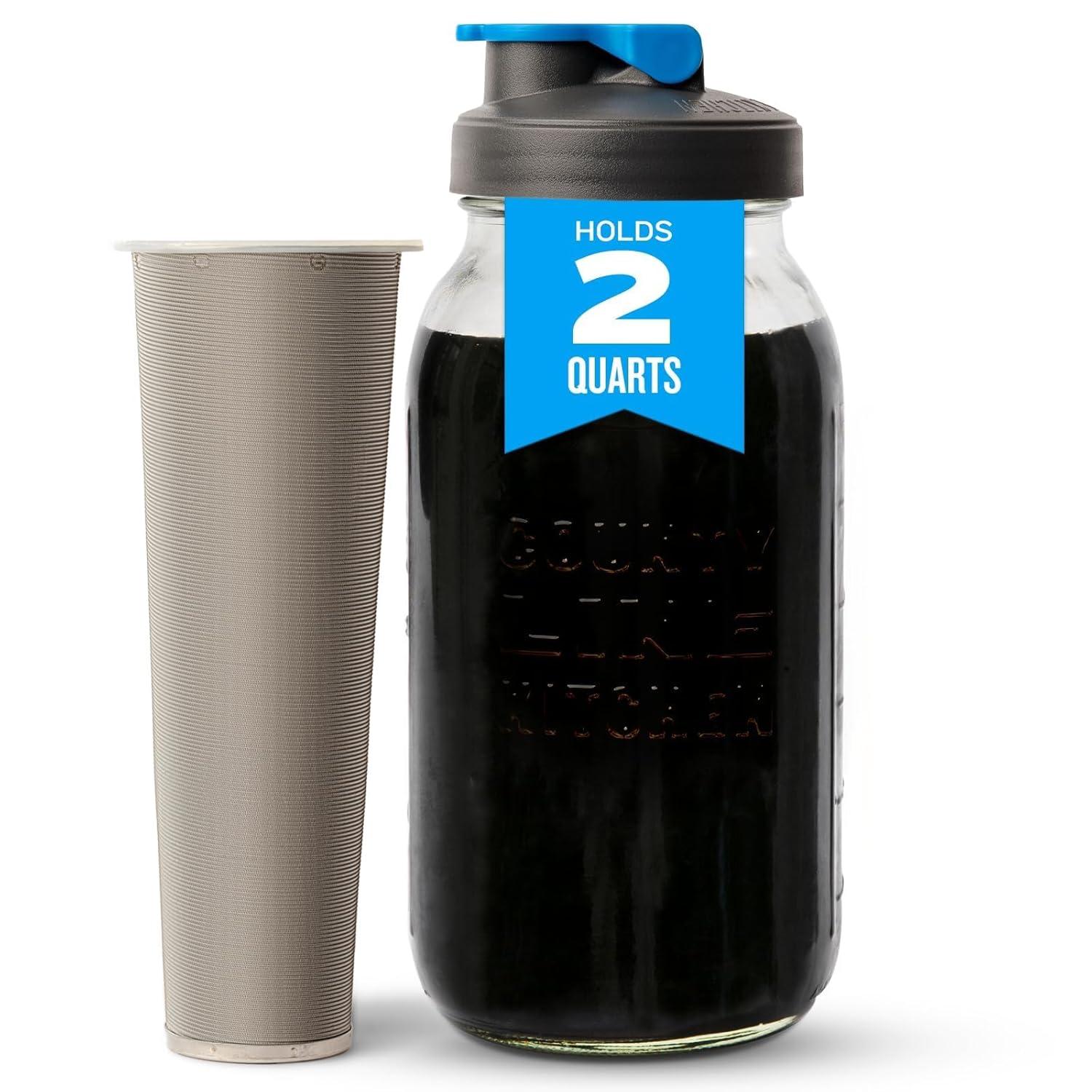 County Line Kitchen Mason Jar Cold Brew Coffee Maker, 2 Quart, with Flip Cap Lid
