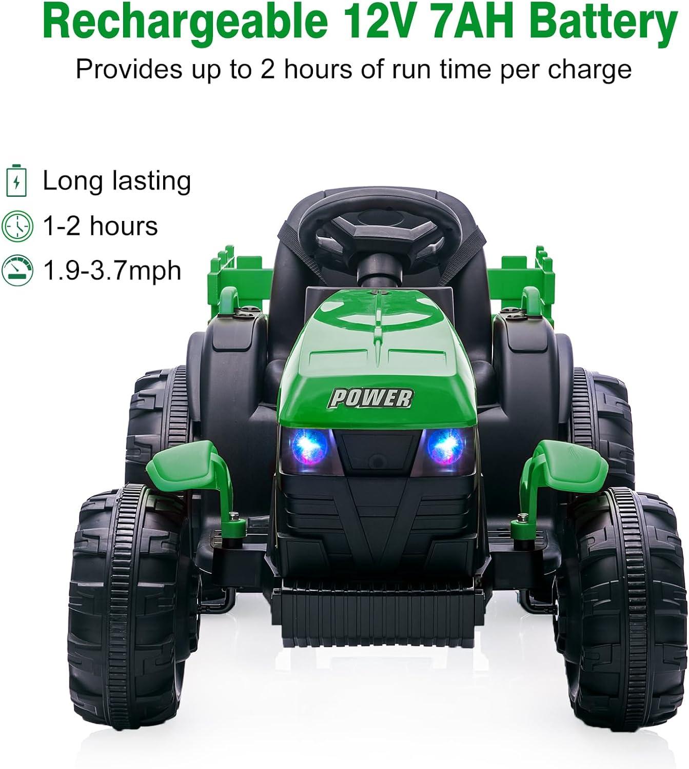 Green 12V Kids Ride-On Tractor with Trailer and Remote Control