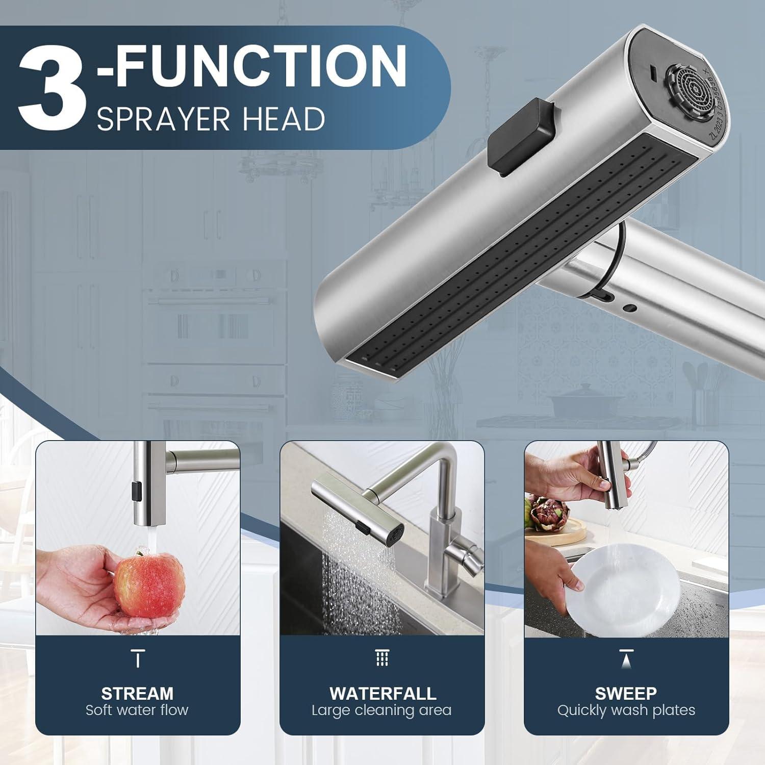 3 Modes Single Handle Pull Down Sprayer Kitchen Faucet With Soap Dispenser