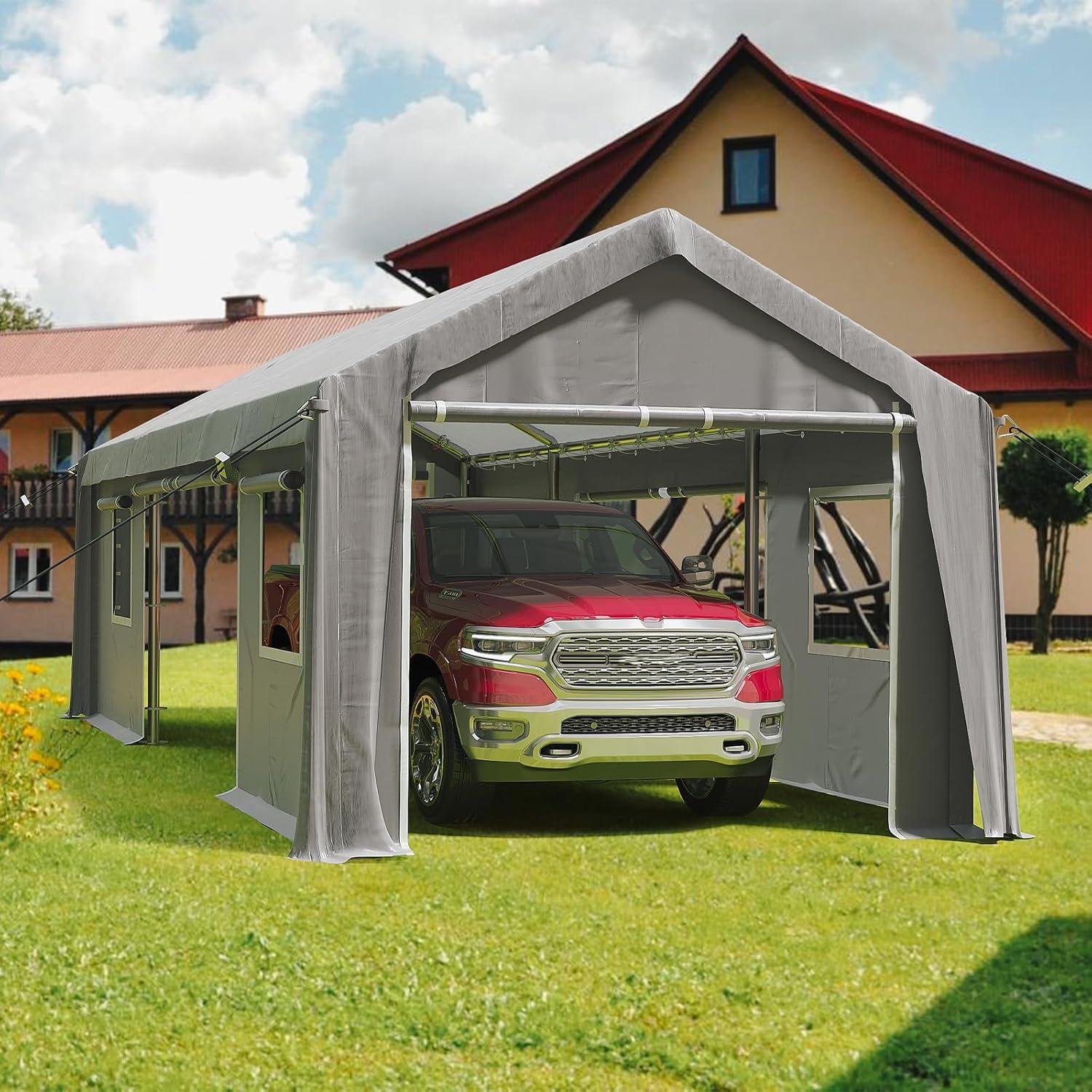 Carport 10'x20' Heavy Duty Carport Canopy Portable Garage 4 Roll-Up Doors & 4 Windows Waterproof All-Season Outdoor Storage Shed for Car Truck Boat, Gray