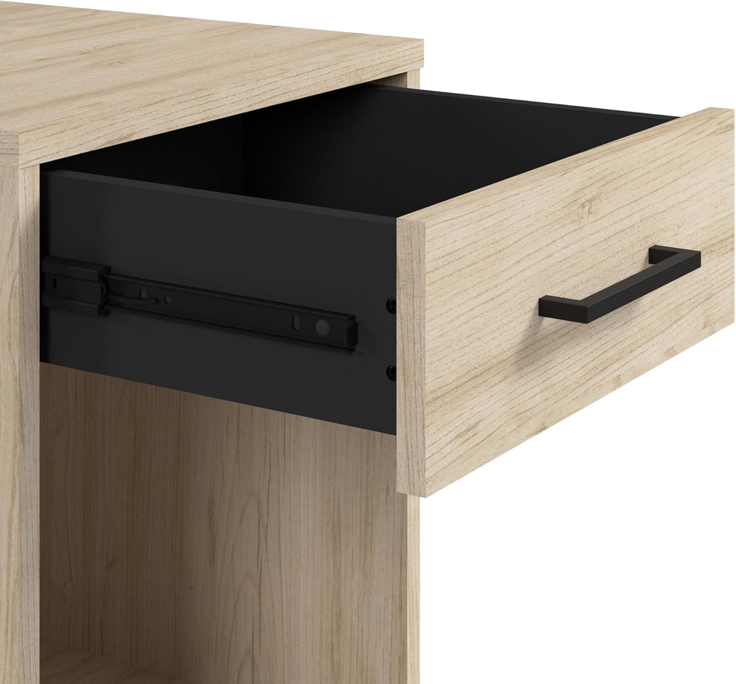 Natural Elm Small End Table with Drawer and Black Metal Legs