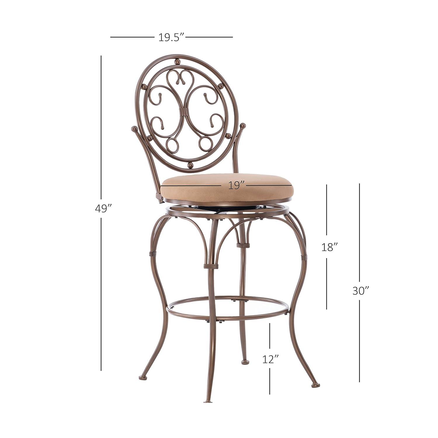 Linon Baila Big & Tall Metal Bar Stool Scroll Back Swivel Padded Seat in Bronze