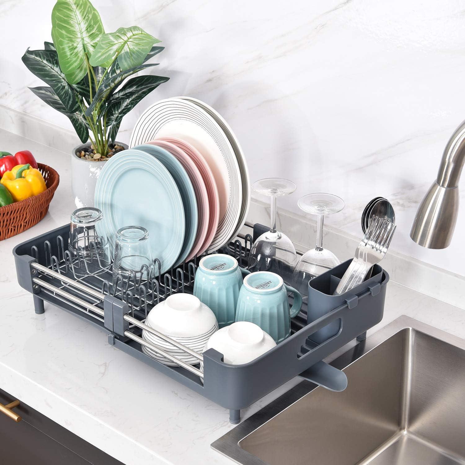 Gray Extendable Stainless Steel Dish Rack with Utensil Cup