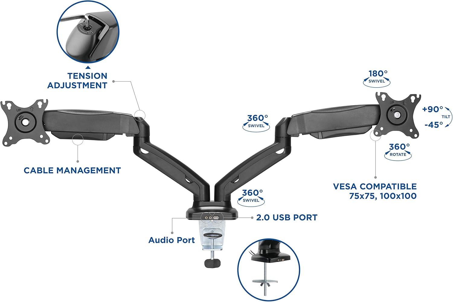 Black Dual-Monitor Adjustable Desktop Mount with USB Ports