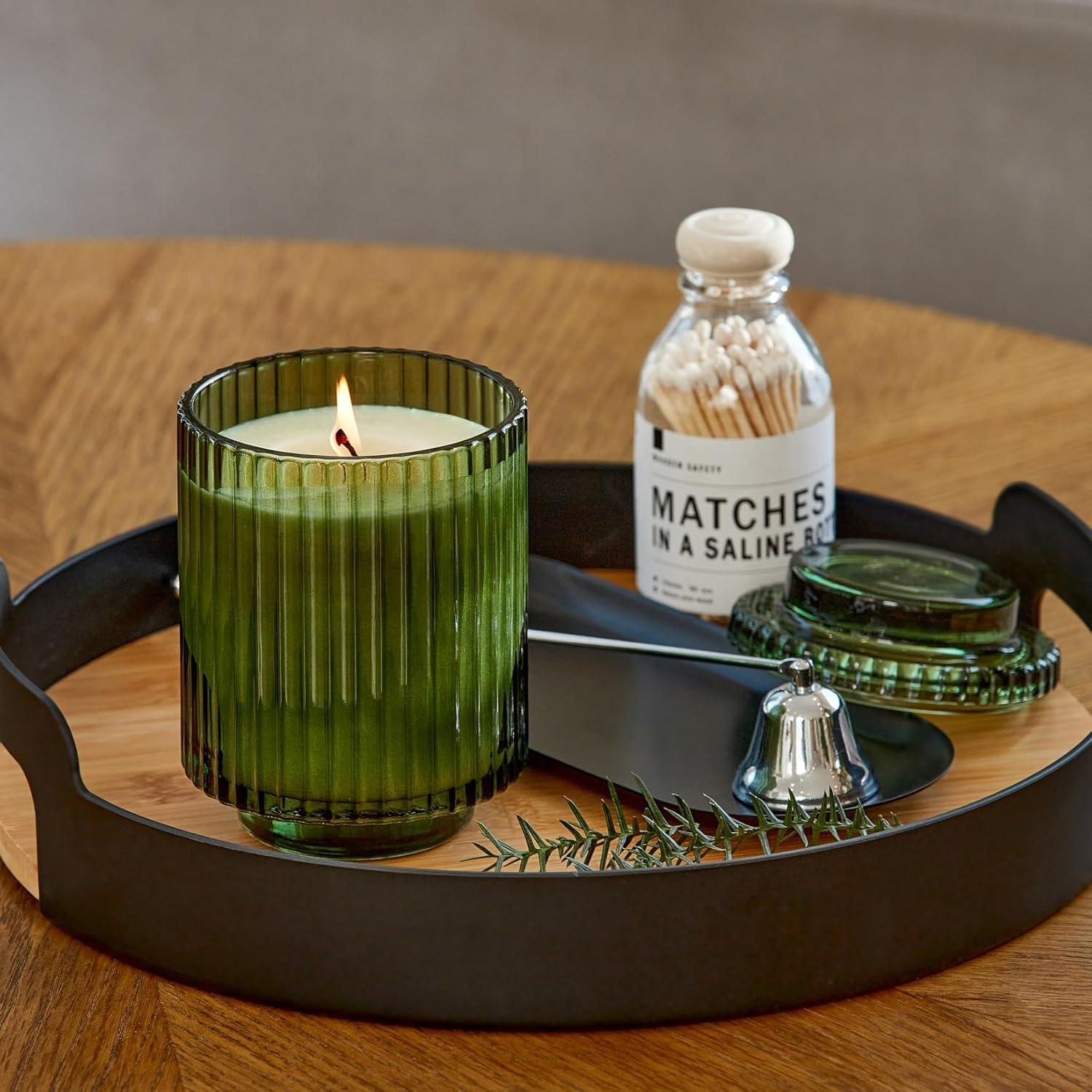 Pomegranate & Pine Green Ribbed Glass Soy Candle, 11oz