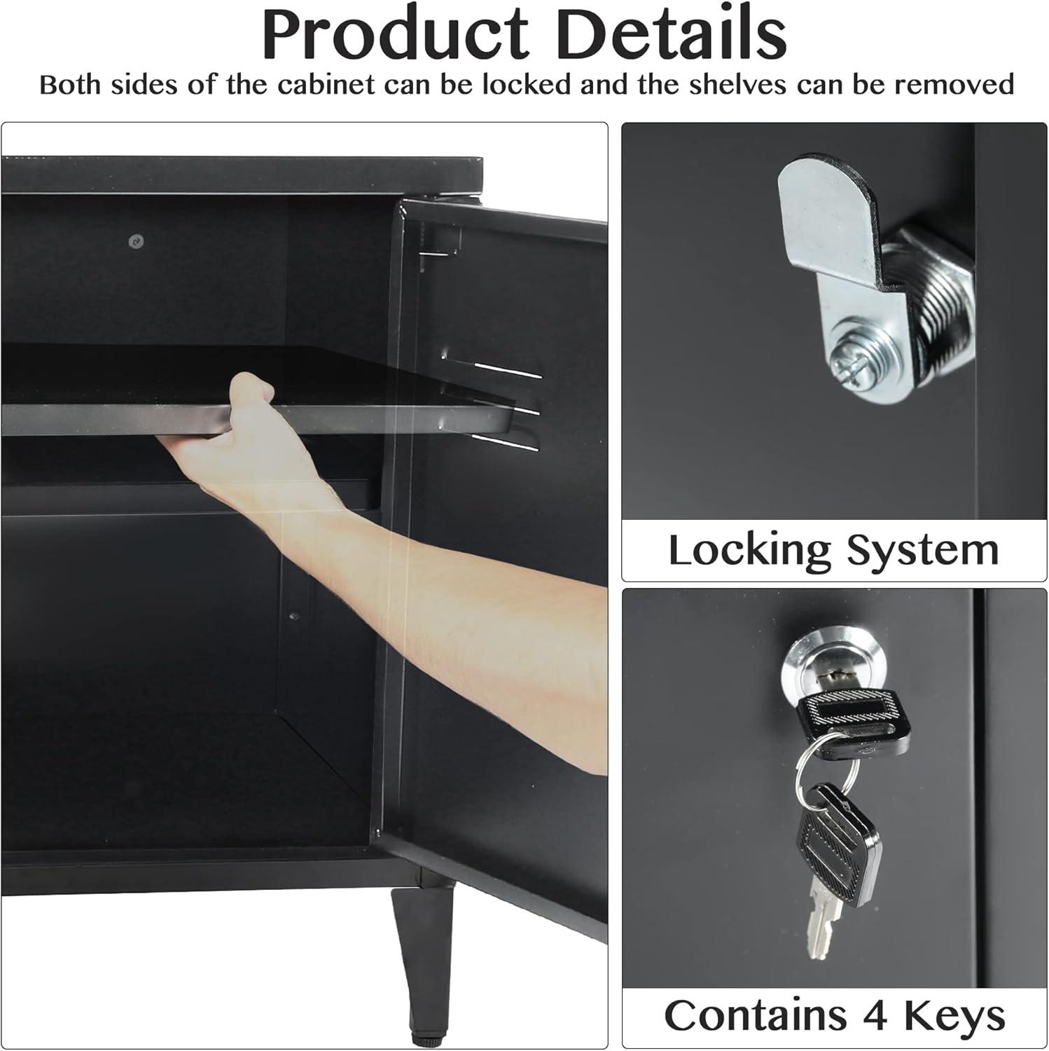 HOPUBUY Metal Storage Cabinet with Lock, Steel Locker Cabinet with Removable Shelves and 2 Locking Doors, Black Storage Cabinets for Home, Garage, Office, Bedroom