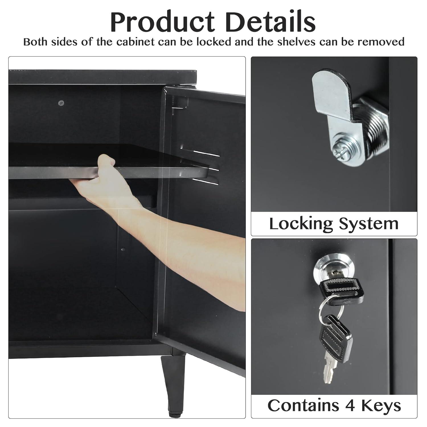 HOPUBUY Metal Storage Cabinet with Lock, Steel Locker Cabinet with Removable Shelves and 2 Locking Doors, Black Storage Cabinets for Home, Garage, Office, Bedroom