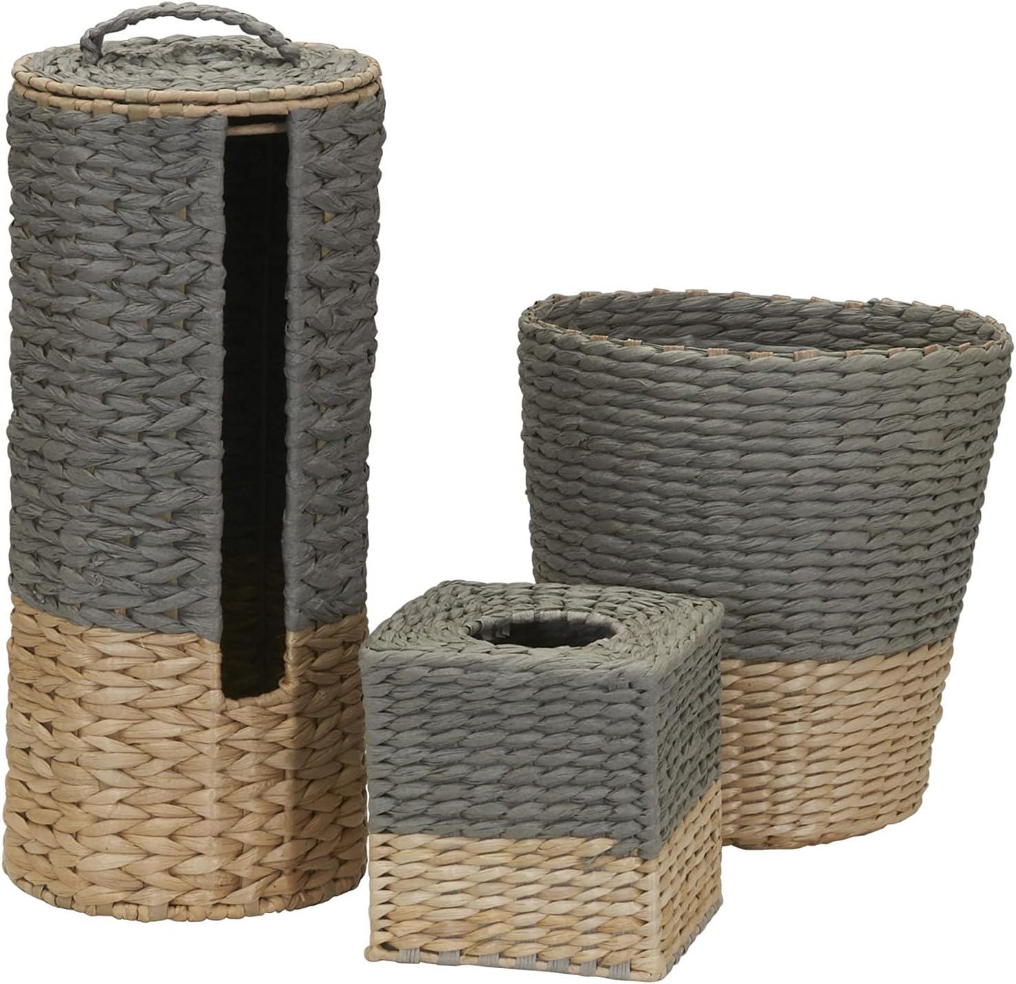 3-Piece Set Wicker Bathroom Accessories, Features Toilet Tissue Stand, Wastebasket and Tissue Box Cover, Wicker Material, Natural and Gray