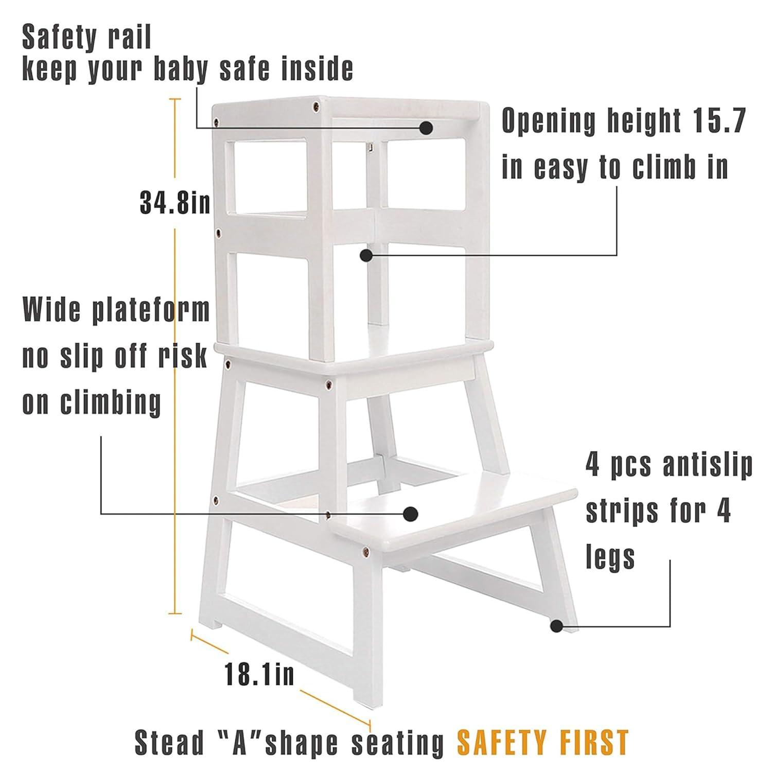 SDADI Kids Kitchen Step Stool Holds up to 150 Pounds with Safety Rail, Wide Platform Design, 4 Anti Slip Strips for 18 to 36 Months Old, White