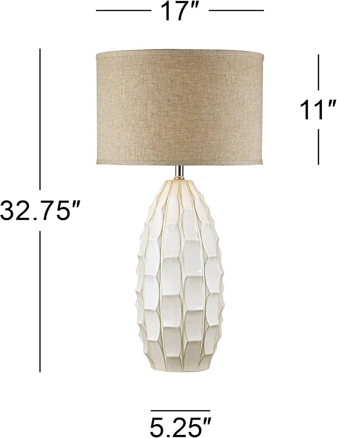 Possini Euro Design Cosgrove Modern Mid Century Table Lamp 32 3/4" Tall White Glazed Ceramic Beige Fabric Drum Shade for Bedroom Living Room Bedside