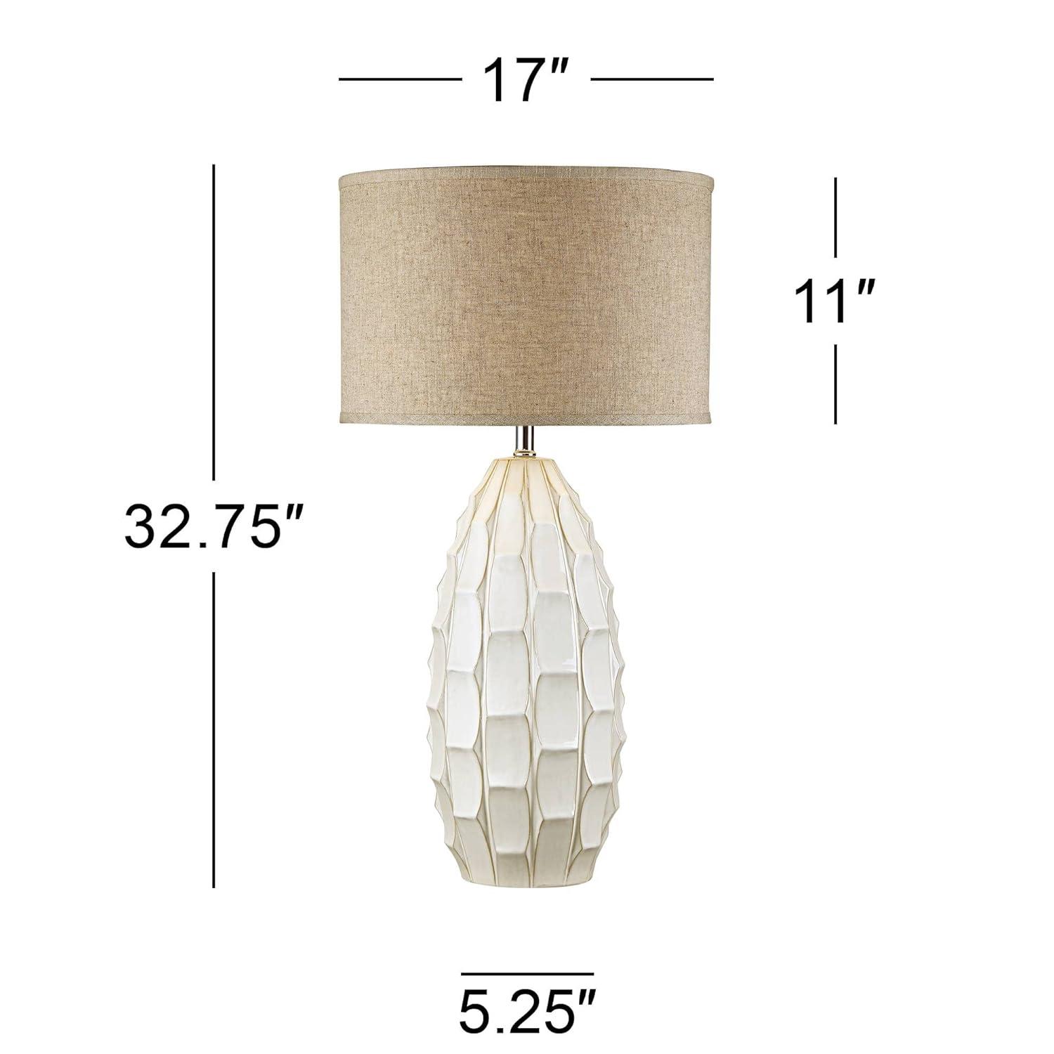 Possini Euro Design Cosgrove Modern Mid Century Table Lamp 32 3/4" Tall White Glazed Ceramic Beige Fabric Drum Shade for Bedroom Living Room Bedside