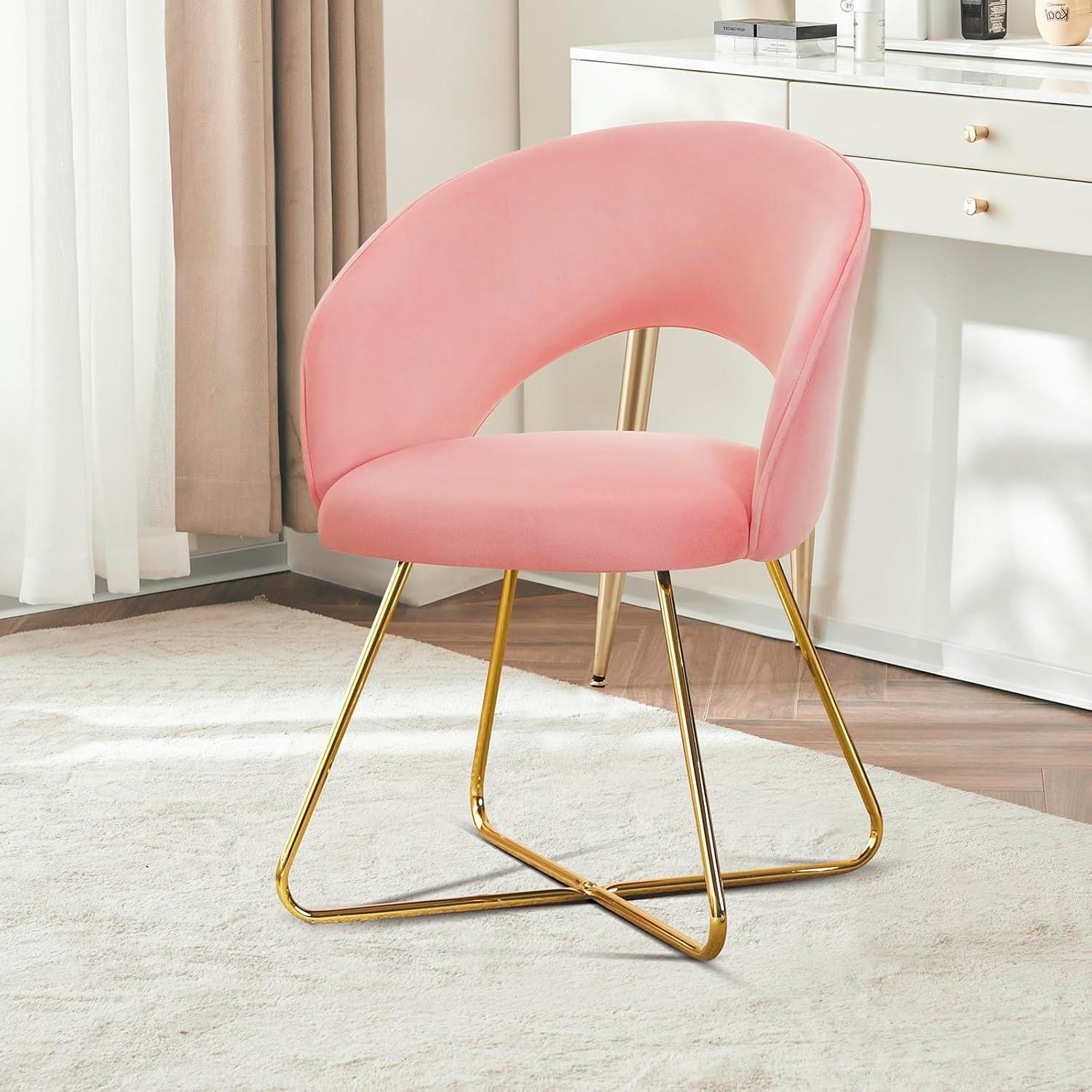 Furniliving  Velvet Upholstered Accent Chair Mid-Back Leisure Chairs Makeup Vanity Stool  , Pink