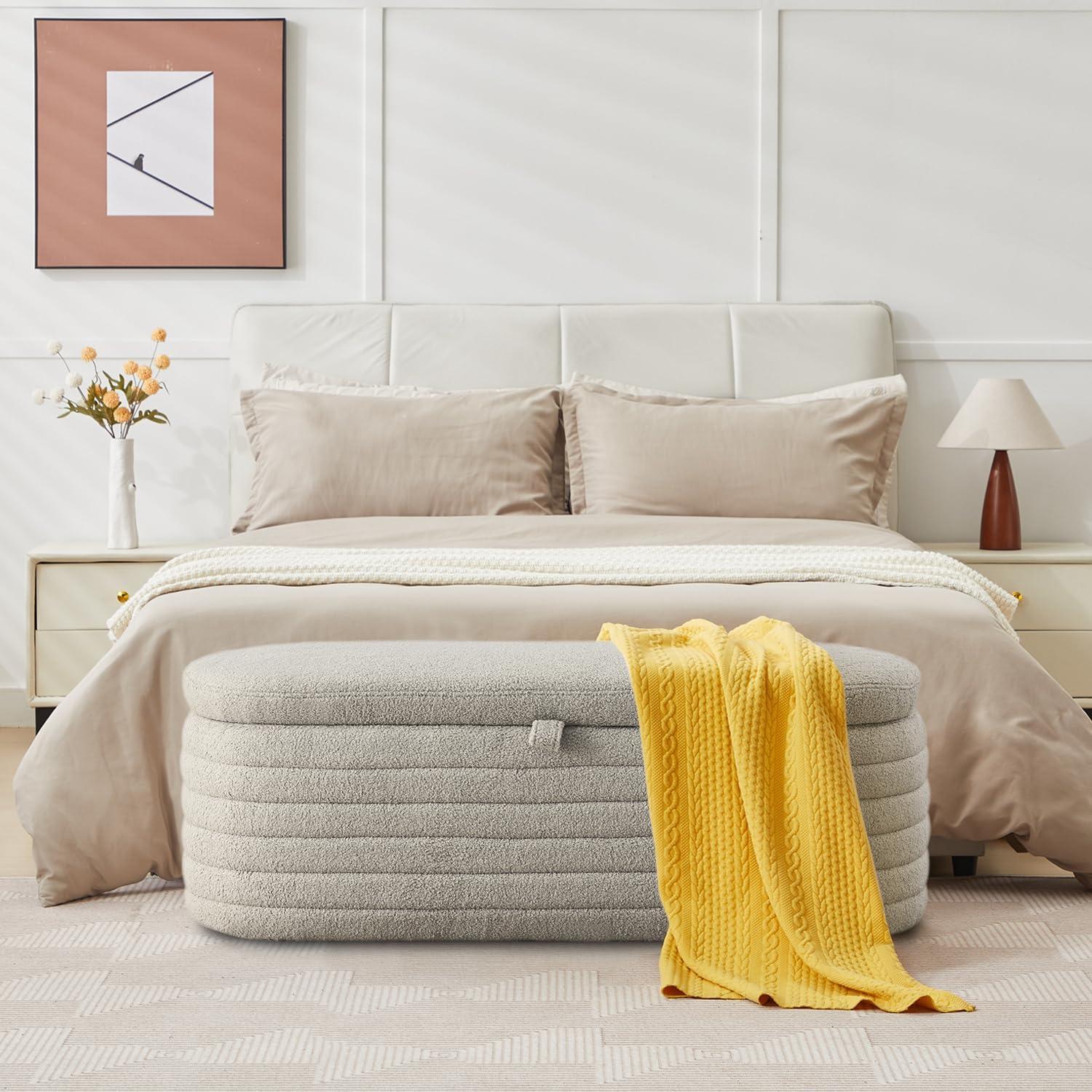 Gray Upholstered Fabric Storage Ottoman Bench with Safety Hinge