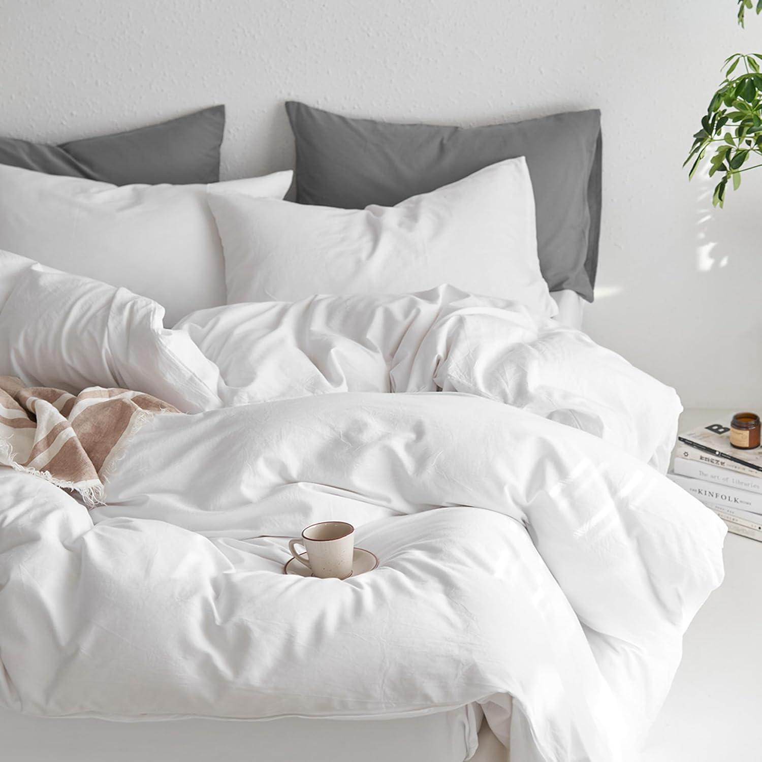 MOOMEE Linen Like Textured 100% Washed Cotton Twill Duvet Cover Set Ultra Soft