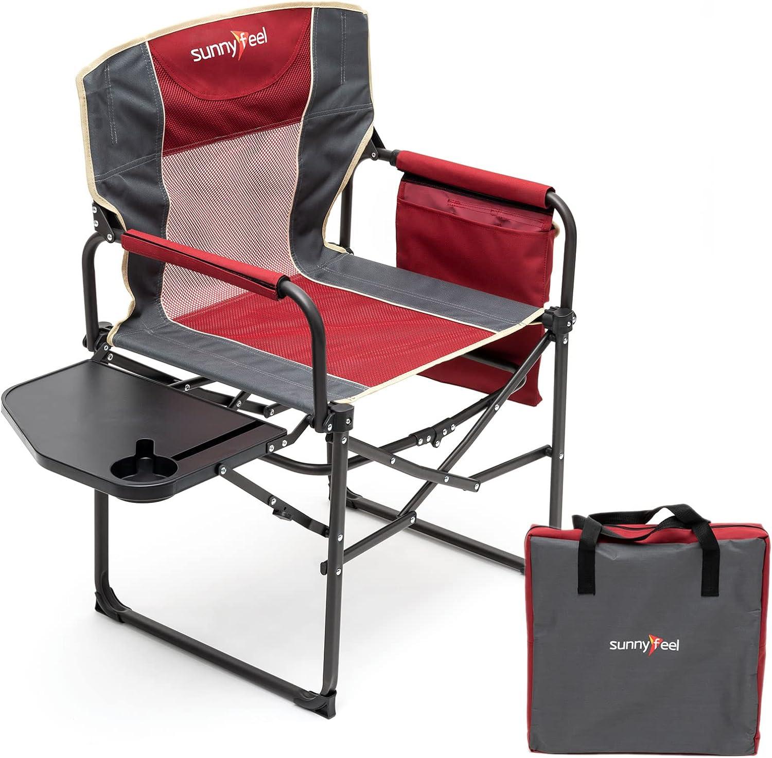 Red and Black Heated Steel Folding Directors Chair with Storage