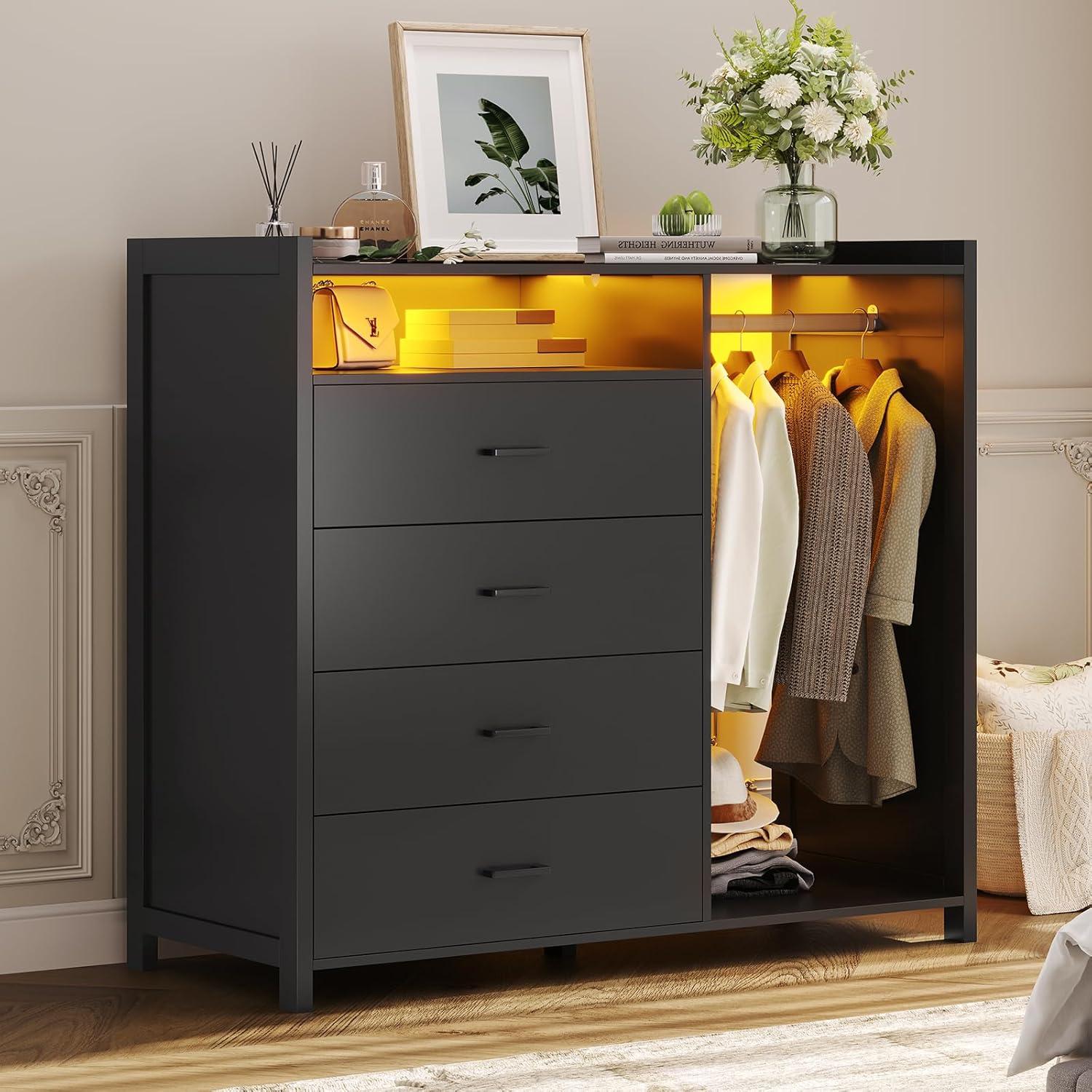 4 Drawer Dresser with Clothing Rack and LED Lights, Modern LED Dresser for Bedroom, Black