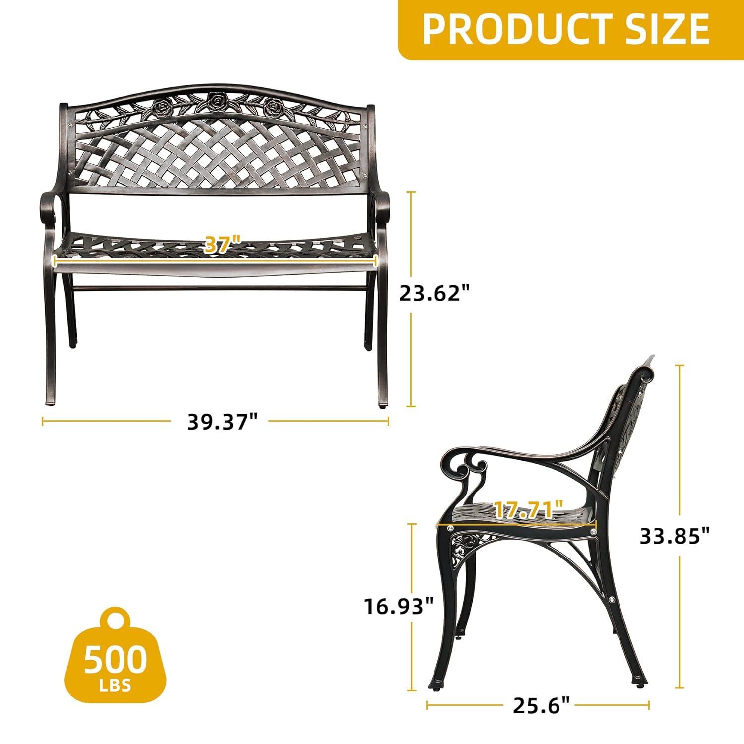 DWVO Cast Aluminum Outdoor Bench, 39.4’’ Patio Garden Benches for Outdoors, Metal Frame Patio Bench for Backyard, Lawn, Deck, Porch, Park, Bronze