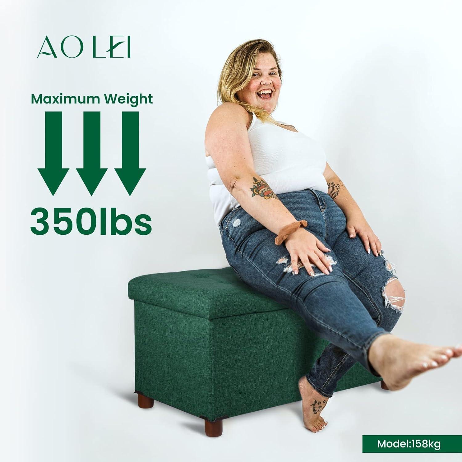 30 Inches Storage Ottoman Bench, Storage Bench with Wooden Legs for Living Room Ottoman Foot Rest Removeable Lid for Bedroom End of Bed, Linen Fabric Green Color