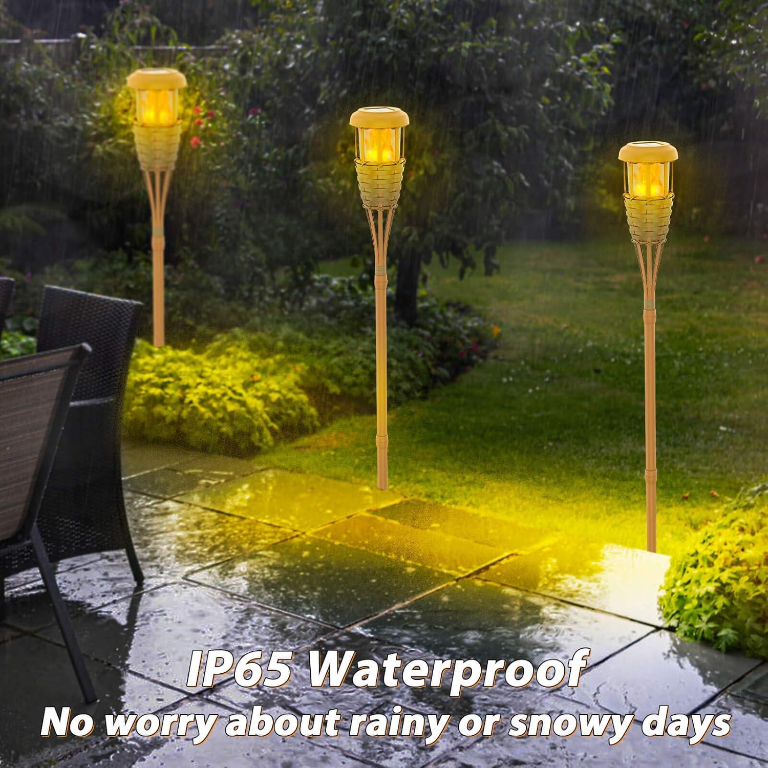 Upgraded Solar Torches - Waterproof Outdoor Decorative Lighting with Flickering Flames - Handmade Bamboo Weaving - Create the Perfect Tropical Island Atmosphere - Adjustable Height -